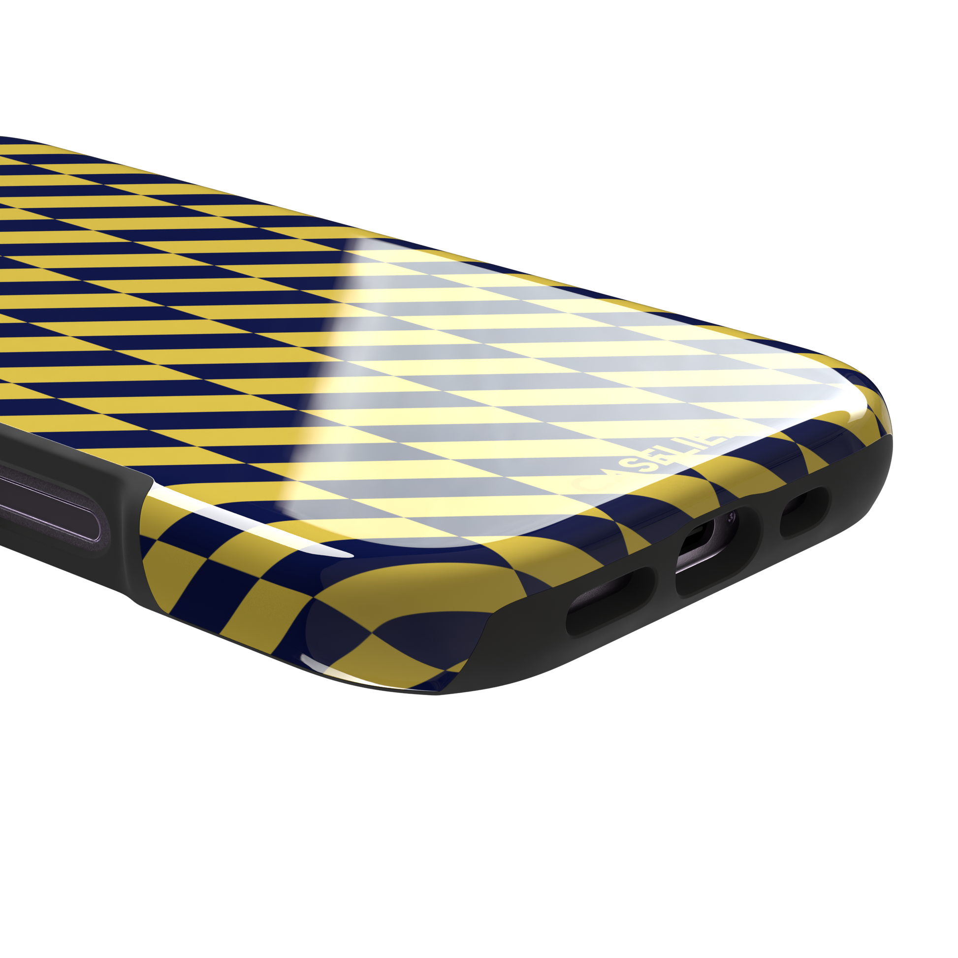 Diagonal Stripes phone case in navy blue and yellow diagonal stripe pattern on iPhone, phone case by Caselier — tough case, charging port detail