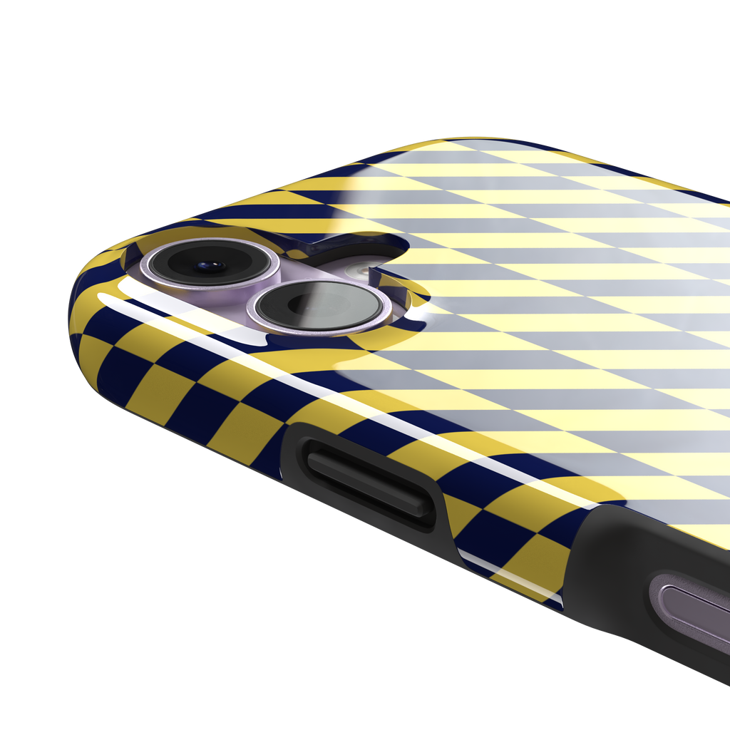 Diagonal Stripes phone case in navy blue and yellow diagonal stripe pattern on iPhone, phone case by Caselier — tough case, volume buttons detail