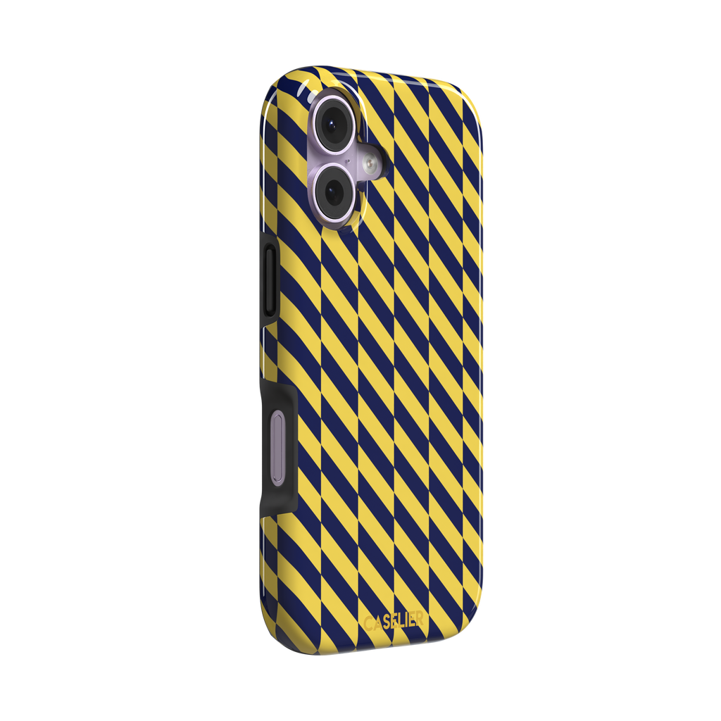 Diagonal Stripes phone case in navy blue and yellow diagonal stripe pattern on iPhone, phone case by Caselier — tough case, left view