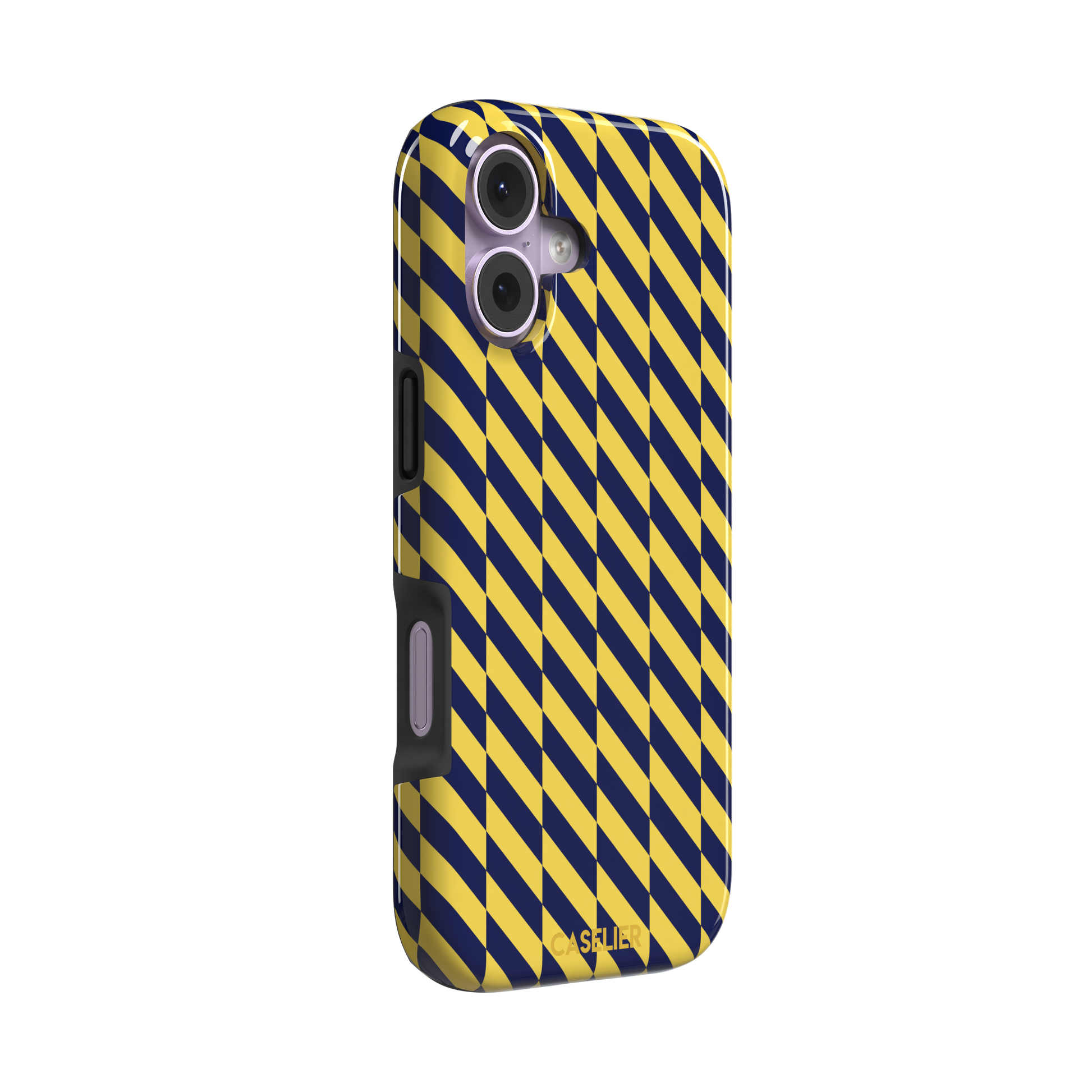 Diagonal Stripes phone case in navy blue and yellow diagonal stripe pattern on iPhone, phone case by Caselier — tough case, left view