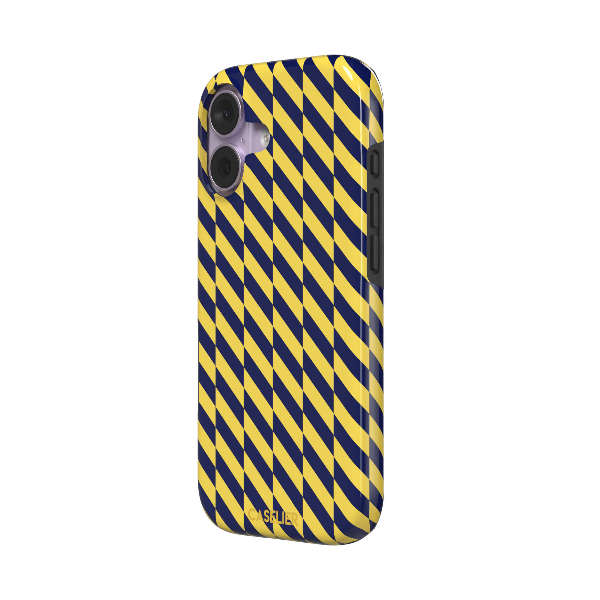 Diagonal Stripes phone case in navy blue and yellow diagonal stripe pattern on iPhone, phone case by Caselier — tough case, right view