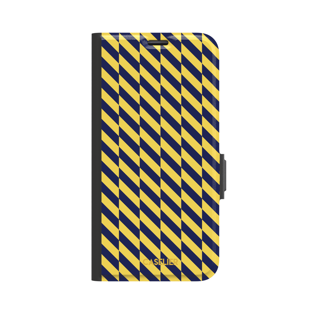 Diagonal Stripes phone case in navy blue and yellow diagonal stripe pattern on iPhone, phone case by Caselier — wallet case, front view