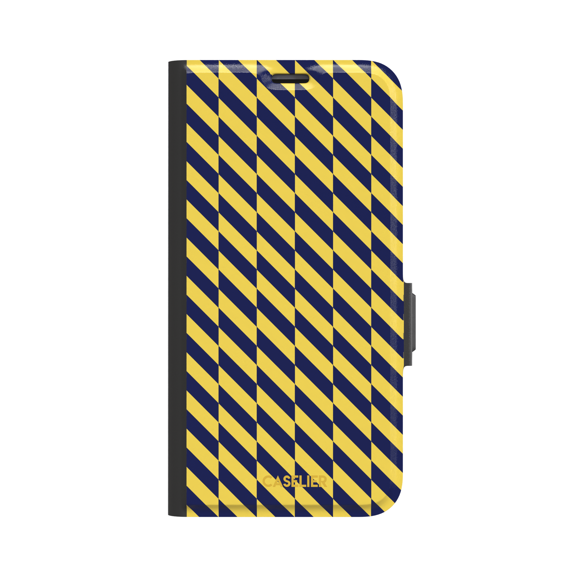 Diagonal Stripes phone case in navy blue and yellow diagonal stripe pattern on iPhone, phone case by Caselier — wallet case, front view