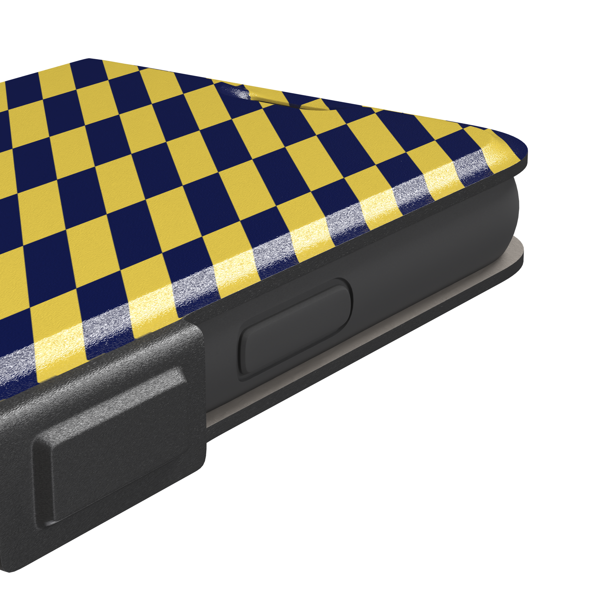 Diagonal Stripes phone case in navy blue and yellow diagonal stripe pattern on iPhone, phone case by Caselier — wallet case, volume buttons detail