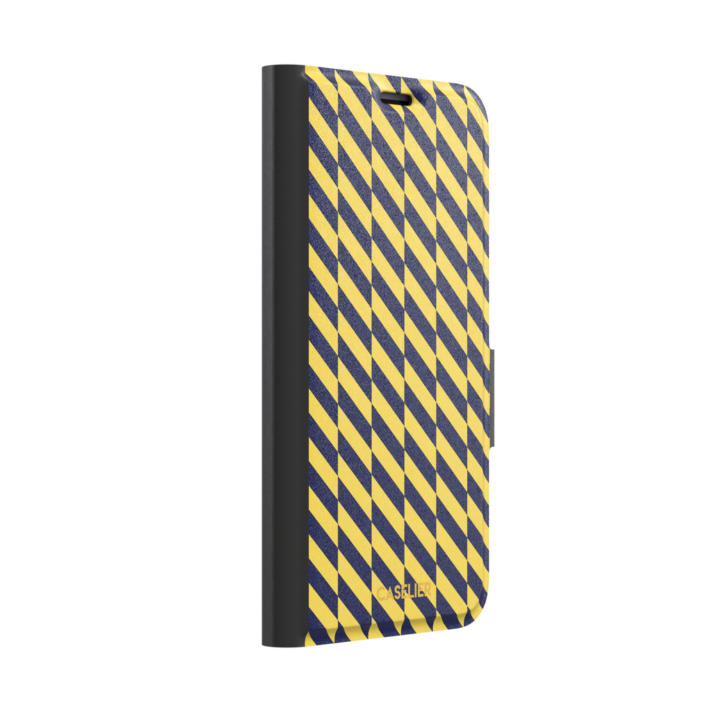 Diagonal Stripes phone case in navy blue and yellow diagonal stripe pattern on iPhone, phone case by Caselier — wallet case, left view