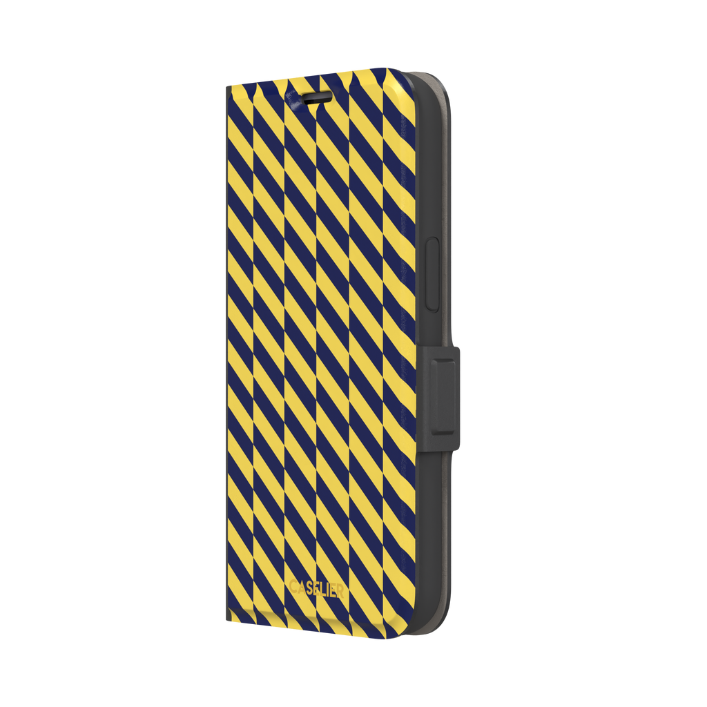 Diagonal Stripes phone case in navy blue and yellow diagonal stripe pattern on iPhone, phone case by Caselier — wallet case, right view