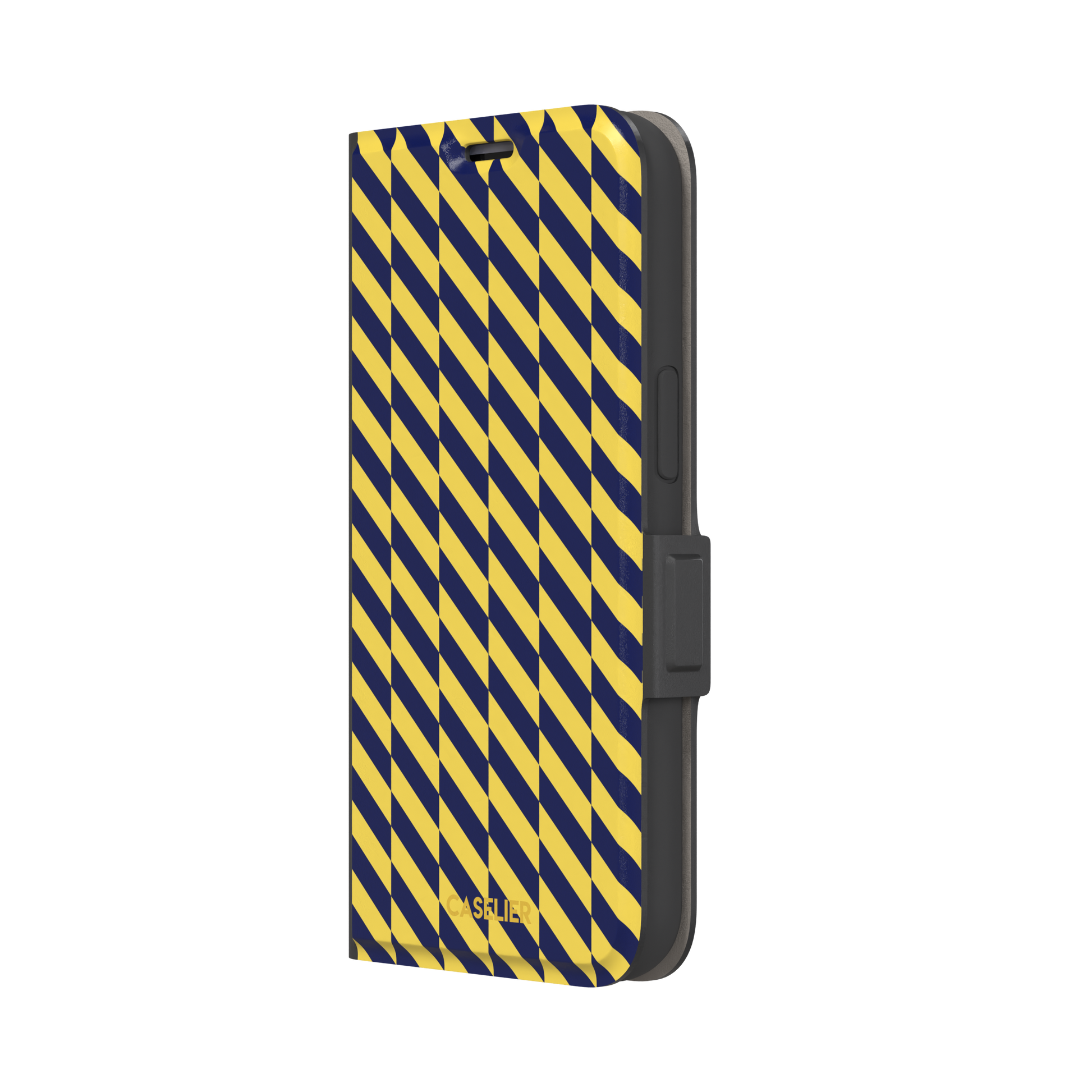 Diagonal Stripes phone case in navy blue and yellow diagonal stripe pattern on iPhone, phone case by Caselier — wallet case, right view