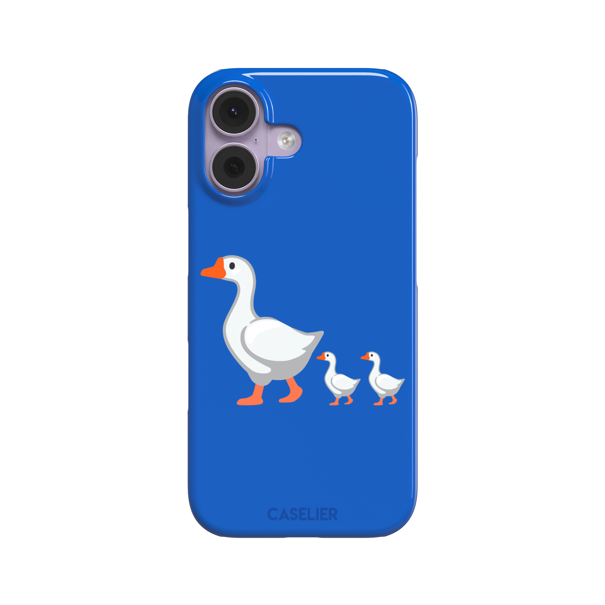 Royal blue phone case with a cartoon mother goose and two goslings walking in a line, emoji-style illustration with white birds and orange beaks and feet, phone case by Caselier — snap case, front view
