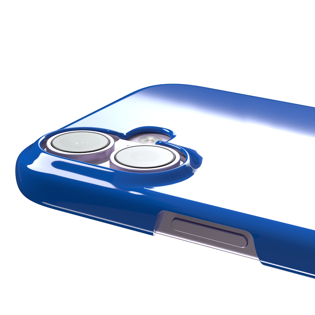 Royal blue phone case with a cartoon mother goose and two goslings walking in a line, emoji-style illustration with white birds and orange beaks and feet, phone case by Caselier — snap case, volume buttons detail
