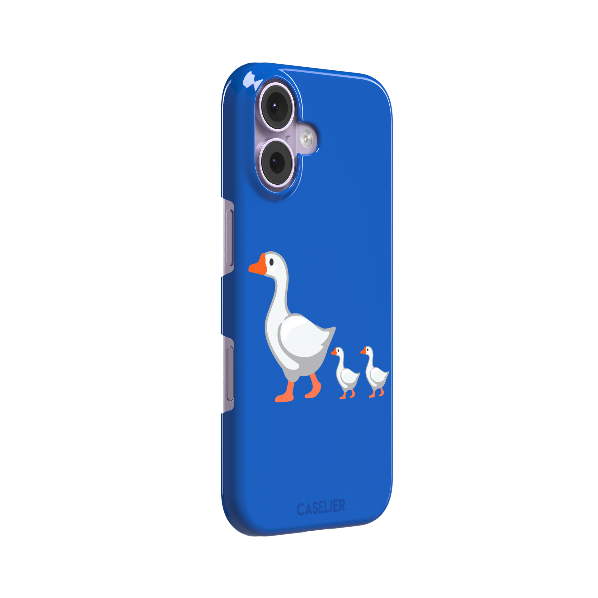 Royal blue phone case with a cartoon mother goose and two goslings walking in a line, emoji-style illustration with white birds and orange beaks and feet, phone case by Caselier — snap case, left view