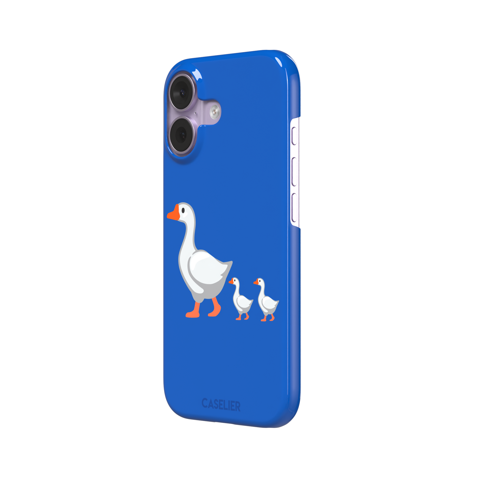 Royal blue phone case with a cartoon mother goose and two goslings walking in a line, emoji-style illustration with white birds and orange beaks and feet, phone case by Caselier — snap case, right view