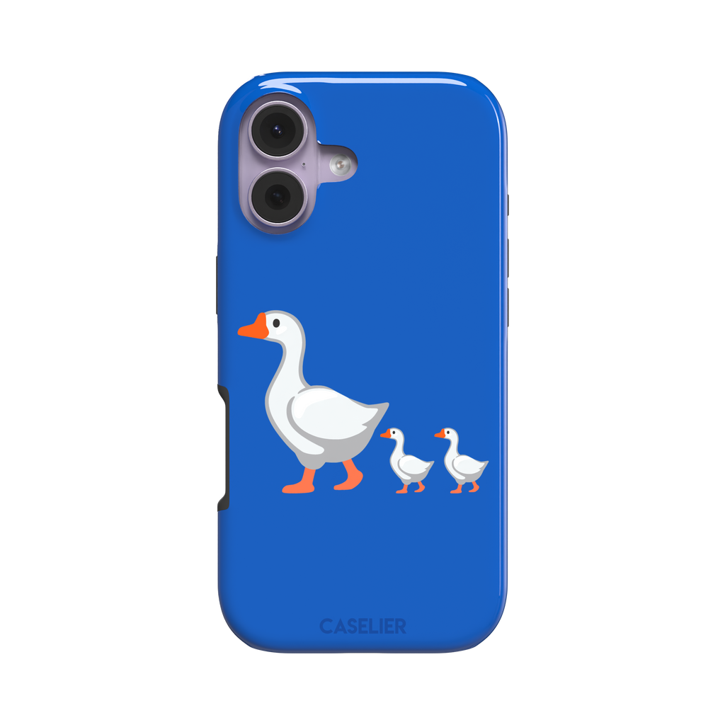 Royal blue phone case with a cartoon mother goose and two goslings walking in a line, emoji-style illustration with white birds and orange beaks and feet, phone case by Caselier — tough case, front view