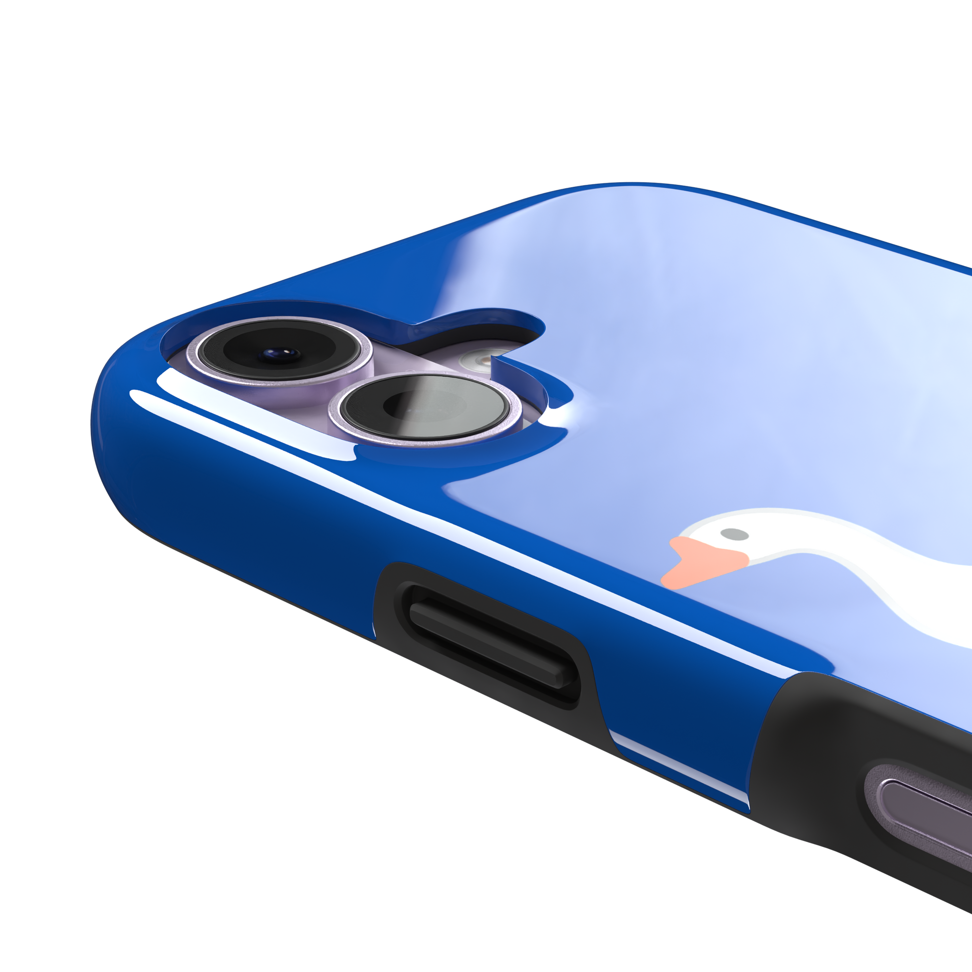 Royal blue phone case with a cartoon mother goose and two goslings walking in a line, emoji-style illustration with white birds and orange beaks and feet, phone case by Caselier — tough case, volume buttons detail