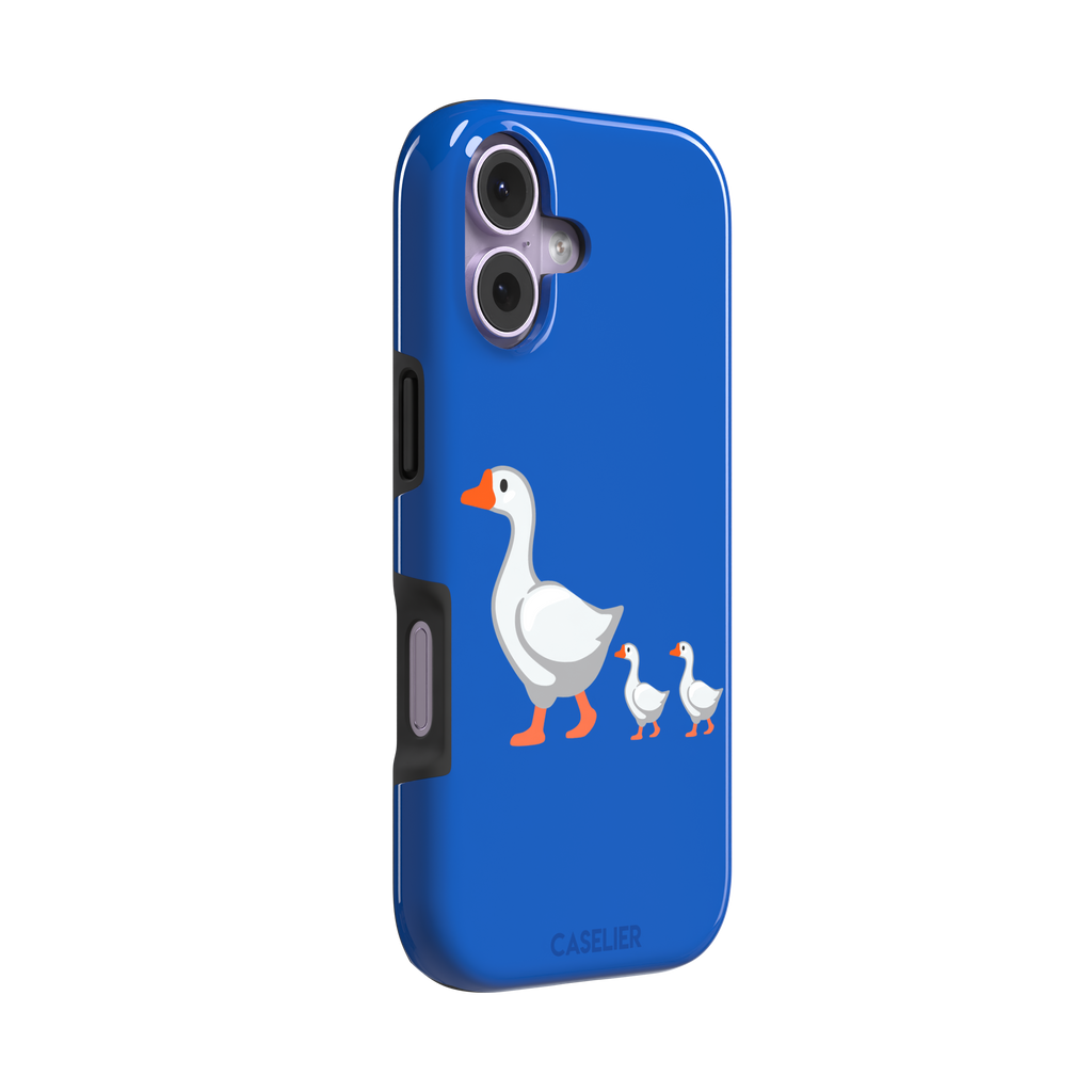 Royal blue phone case with a cartoon mother goose and two goslings walking in a line, emoji-style illustration with white birds and orange beaks and feet, phone case by Caselier — tough case, left view