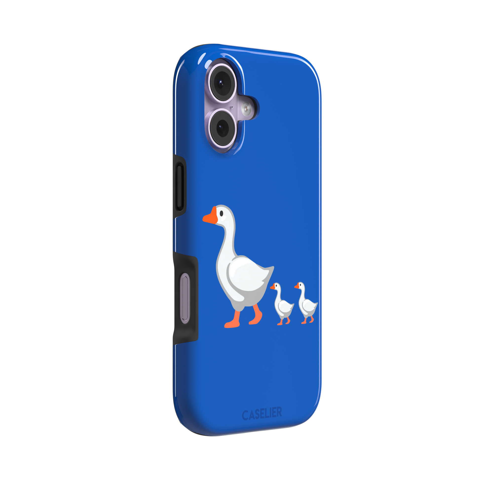Royal blue phone case with a cartoon mother goose and two goslings walking in a line, emoji-style illustration with white birds and orange beaks and feet, phone case by Caselier — tough case, left view