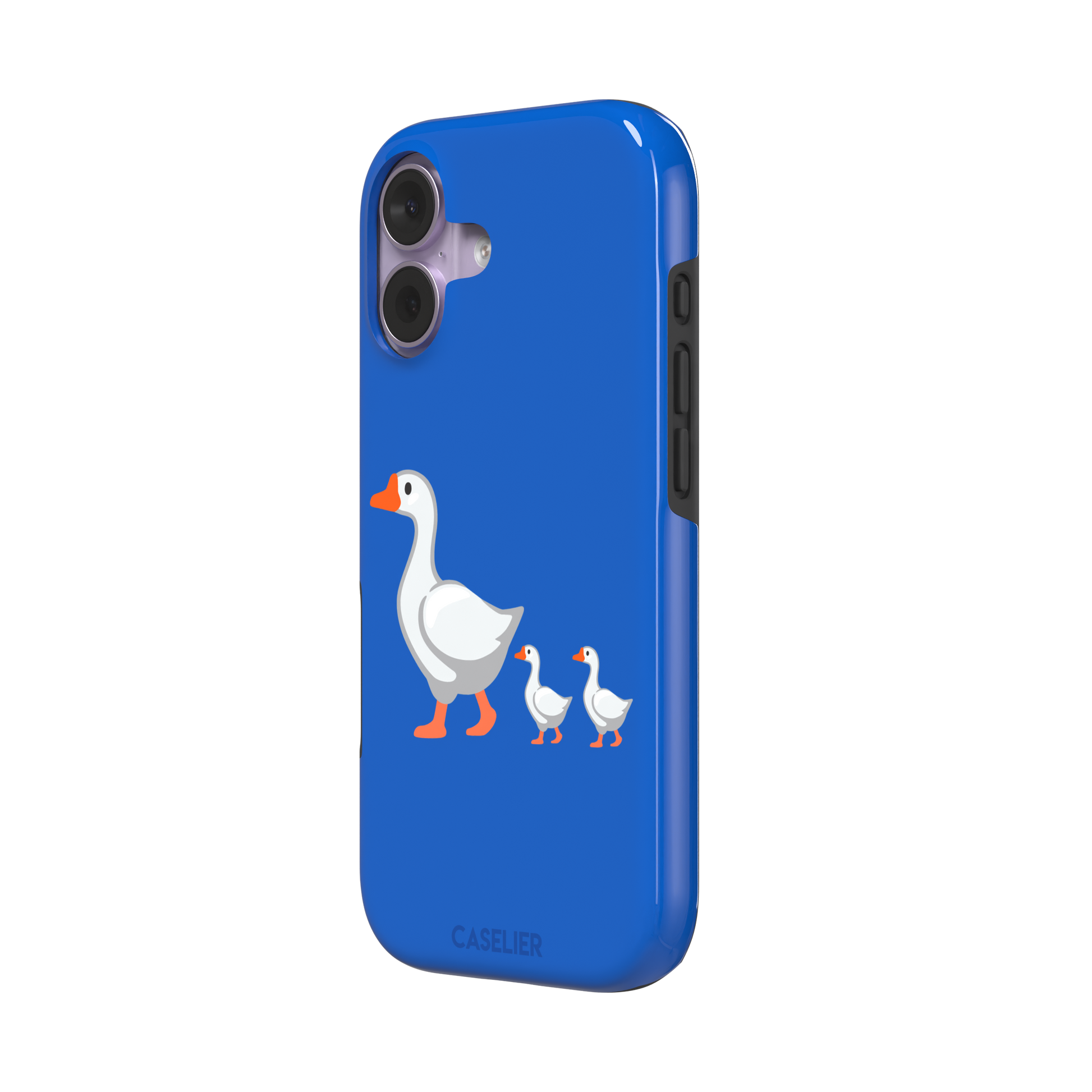 Royal blue phone case with a cartoon mother goose and two goslings walking in a line, emoji-style illustration with white birds and orange beaks and feet, phone case by Caselier — tough case, right view