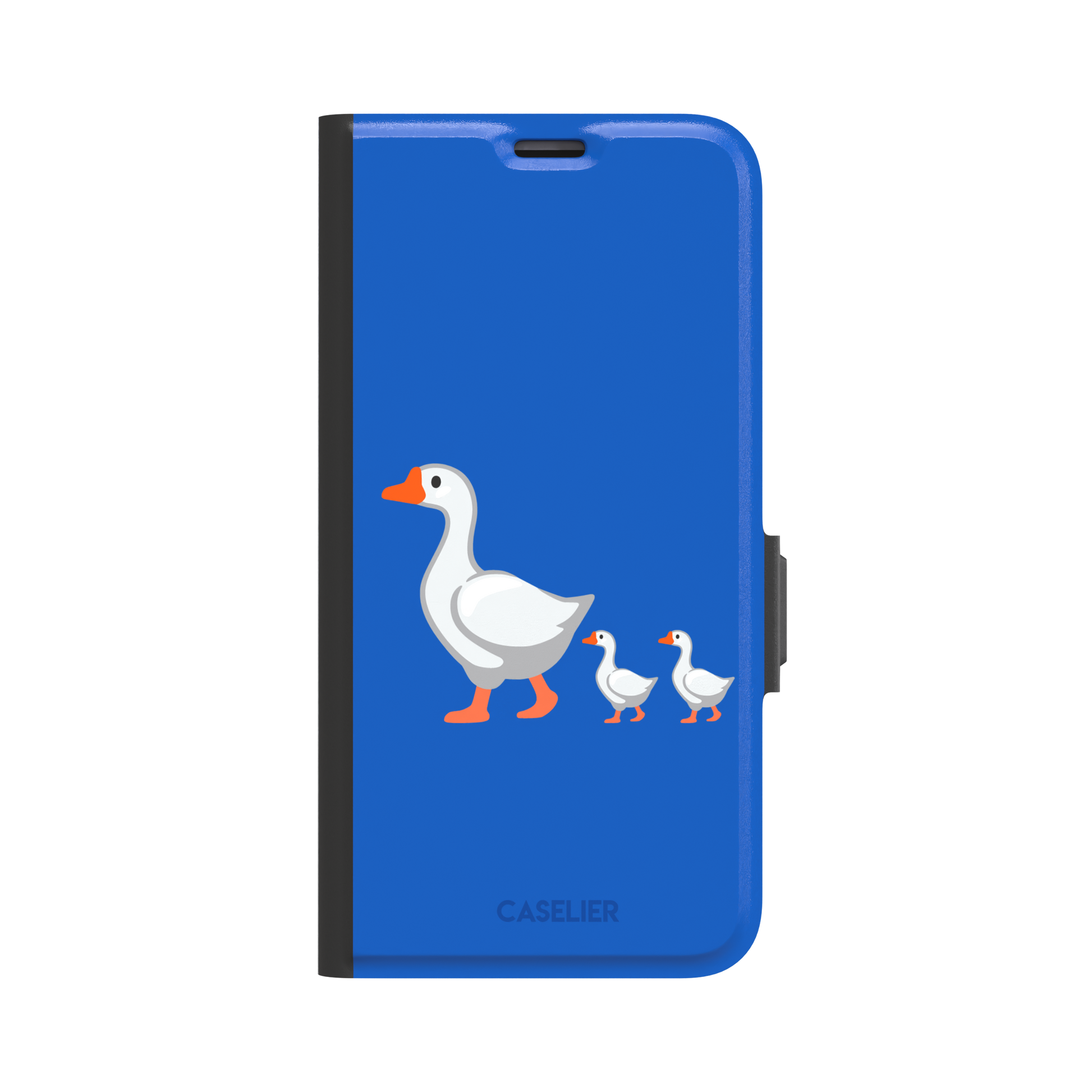 Royal blue phone case with a cartoon mother goose and two goslings walking in a line, emoji-style illustration with white birds and orange beaks and feet, phone case by Caselier — wallet case, front view