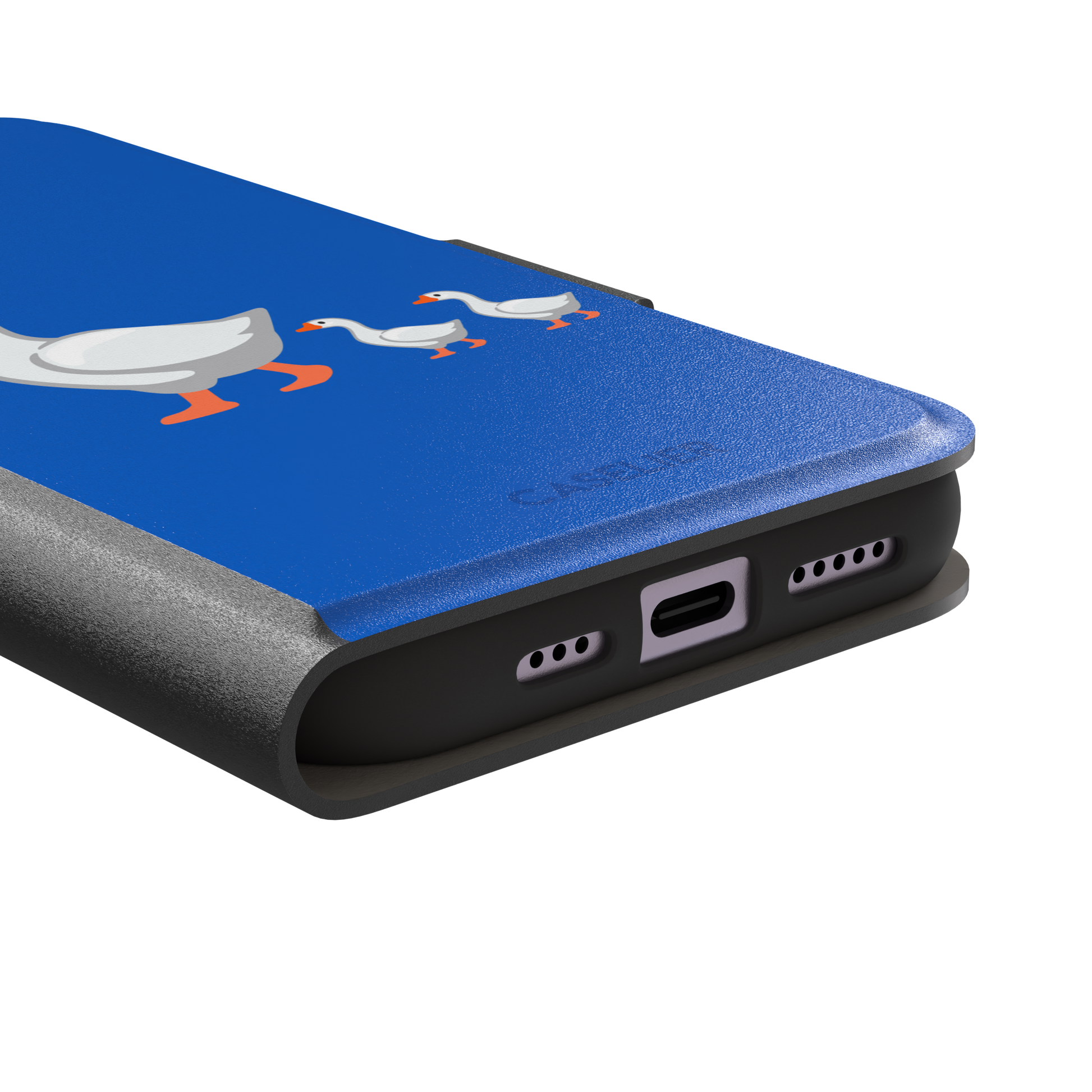 Royal blue phone case with a cartoon mother goose and two goslings walking in a line, emoji-style illustration with white birds and orange beaks and feet, phone case by Caselier — wallet case, charging port detail
