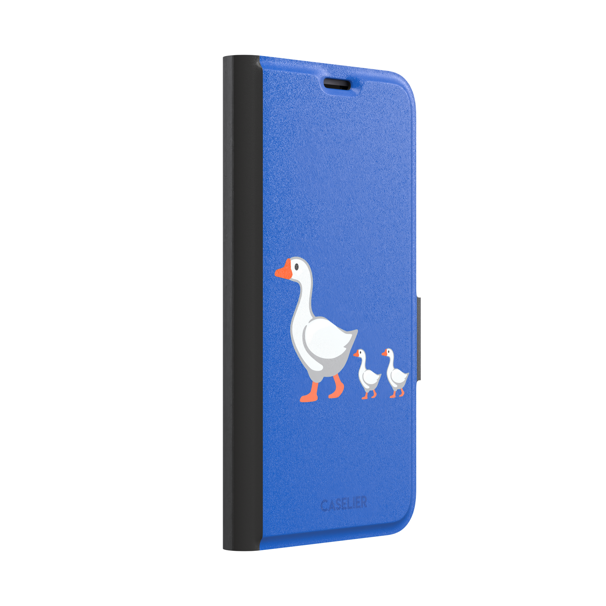 Royal blue phone case with a cartoon mother goose and two goslings walking in a line, emoji-style illustration with white birds and orange beaks and feet, phone case by Caselier — wallet case, left view