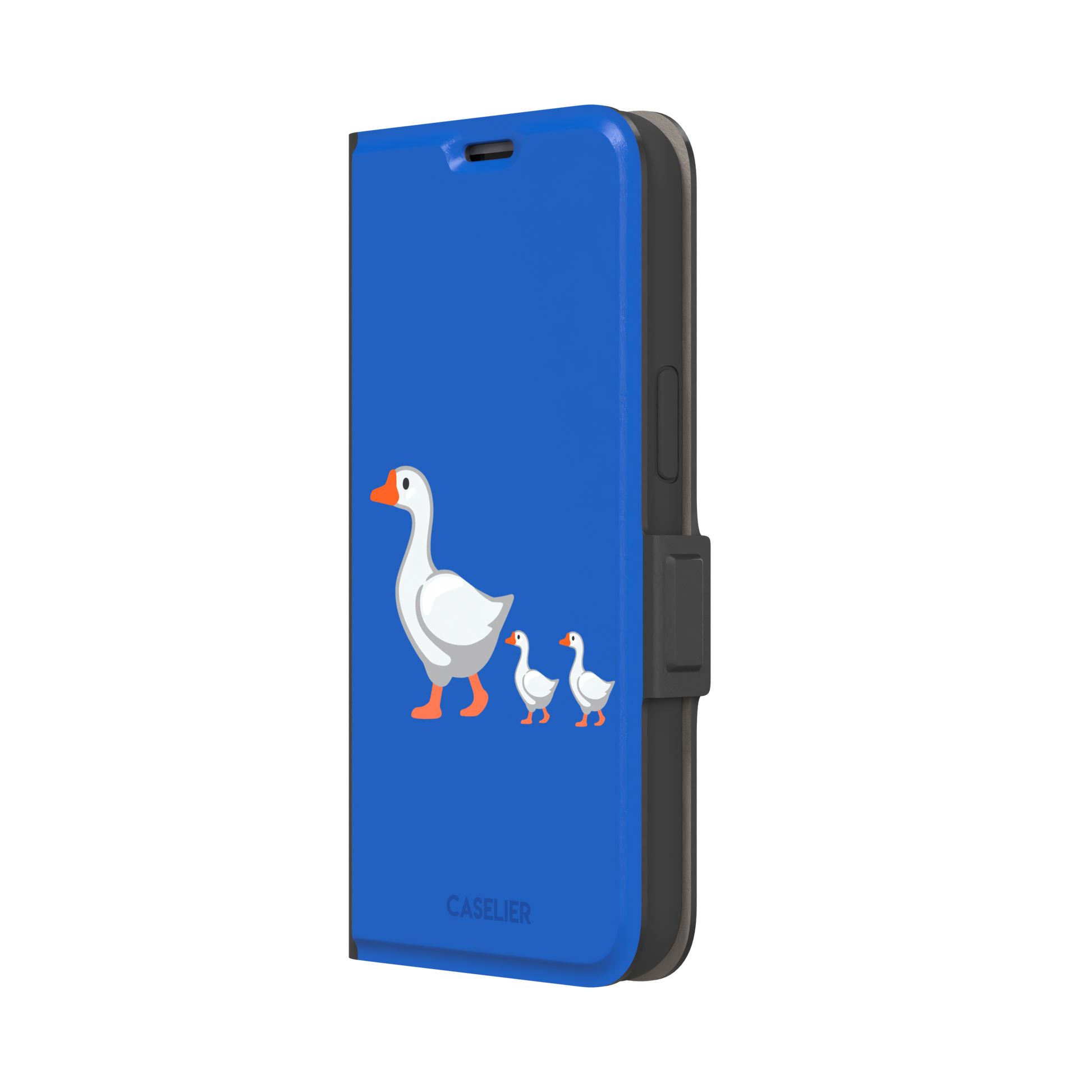 Royal blue phone case with a cartoon mother goose and two goslings walking in a line, emoji-style illustration with white birds and orange beaks and feet, phone case by Caselier — wallet case, right view