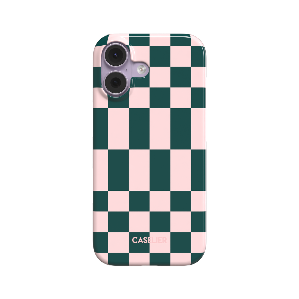 Elonged Checkers phone case in deep teal and blush pink large-scale checkerboard pattern, snap case style, rear view on white background, phone case by Caselier - snap case, front view | Caselier