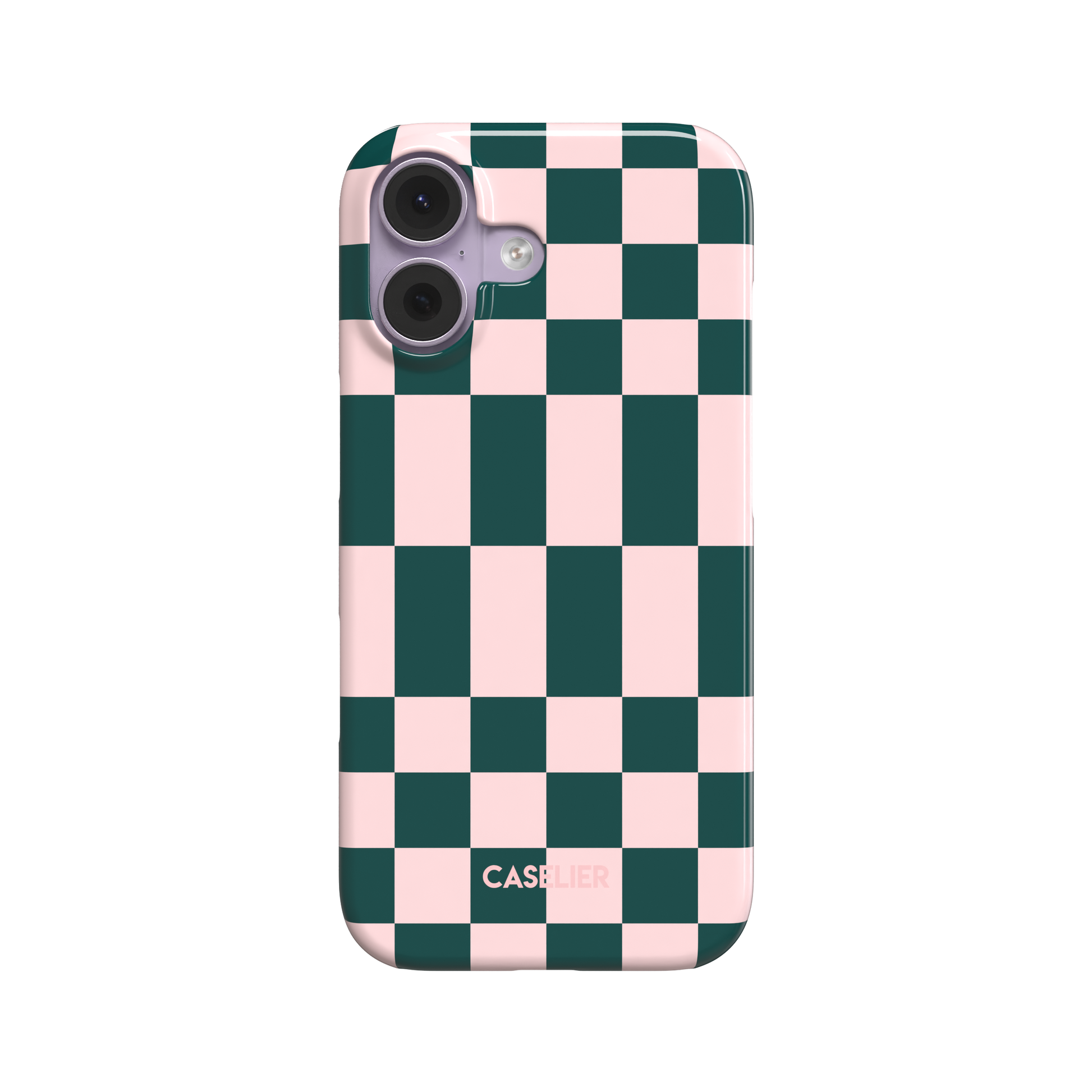 Elonged Checkers phone case in deep teal and blush pink large-scale checkerboard pattern, snap case style, rear view on white background, phone case by Caselier - snap case, front view | Caselier