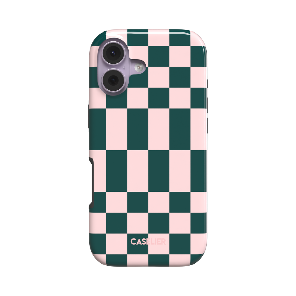 Elonged Checkers phone case in deep teal and blush pink checkerboard pattern, snap case showing side profile and button cutout detail, white background, phone case by Caselier - tough case, front view | Caselier