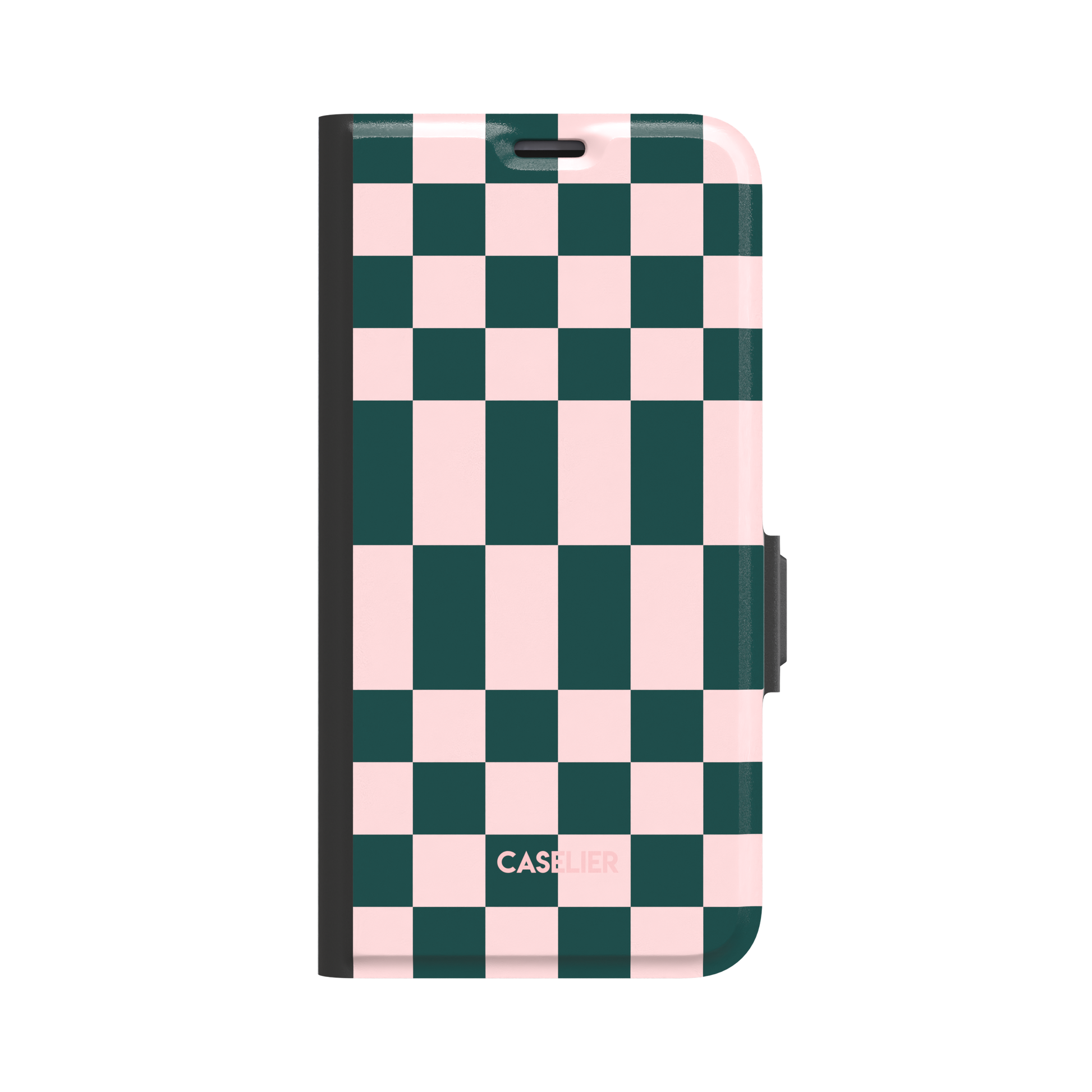 Elonged Checkers folio wallet case in deep teal and blush pink checkerboard pattern, front cover closed with dark charcoal spine and magnetic clasp, white background, phone case by Caselier - wallet case, front view | Caselier