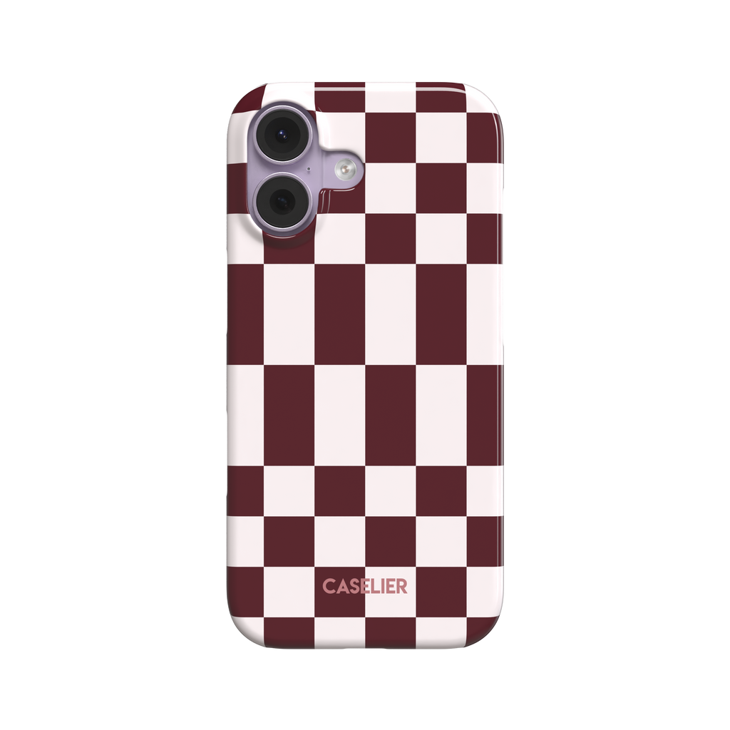 Elonged Checkers phone case in deep burgundy and pale blush pink large-scale checkerboard pattern, snap case style, rear view on white background, phone case by Caselier - snap case, front view | Caselier