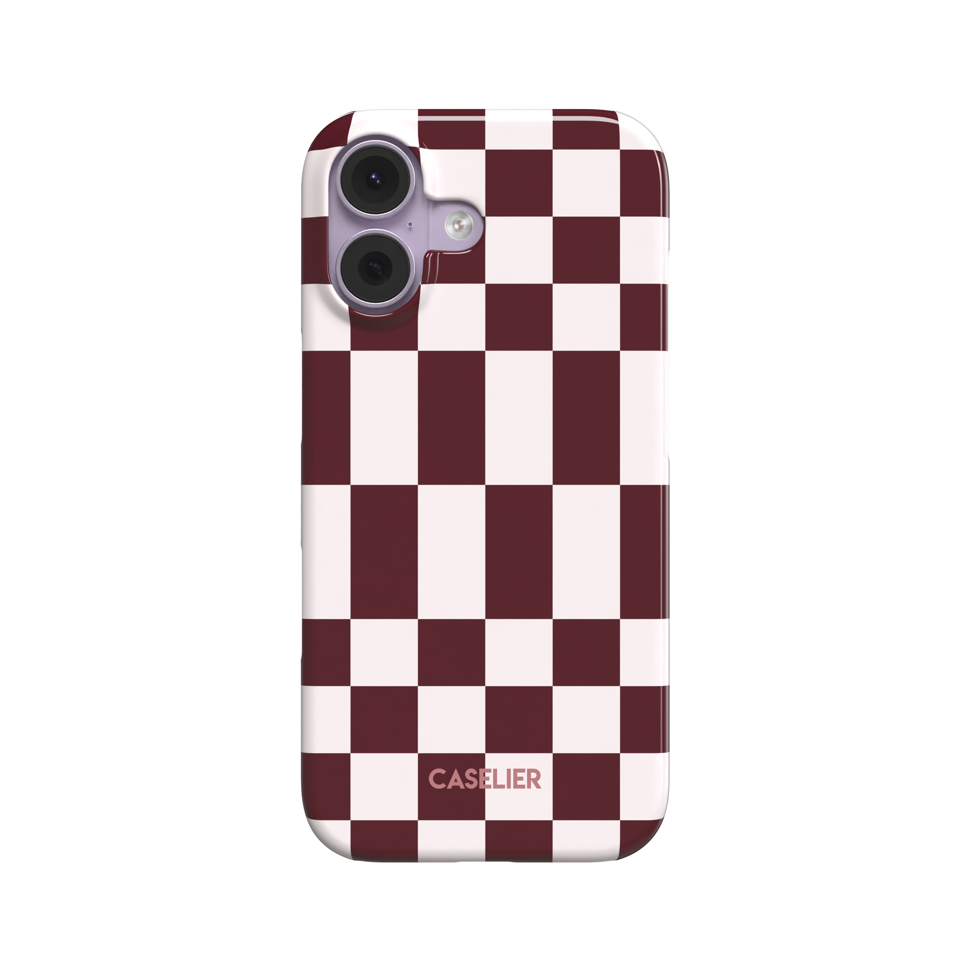 Elonged Checkers phone case in deep burgundy and pale blush pink large-scale checkerboard pattern, snap case style, rear view on white background, phone case by Caselier - snap case, front view | Caselier