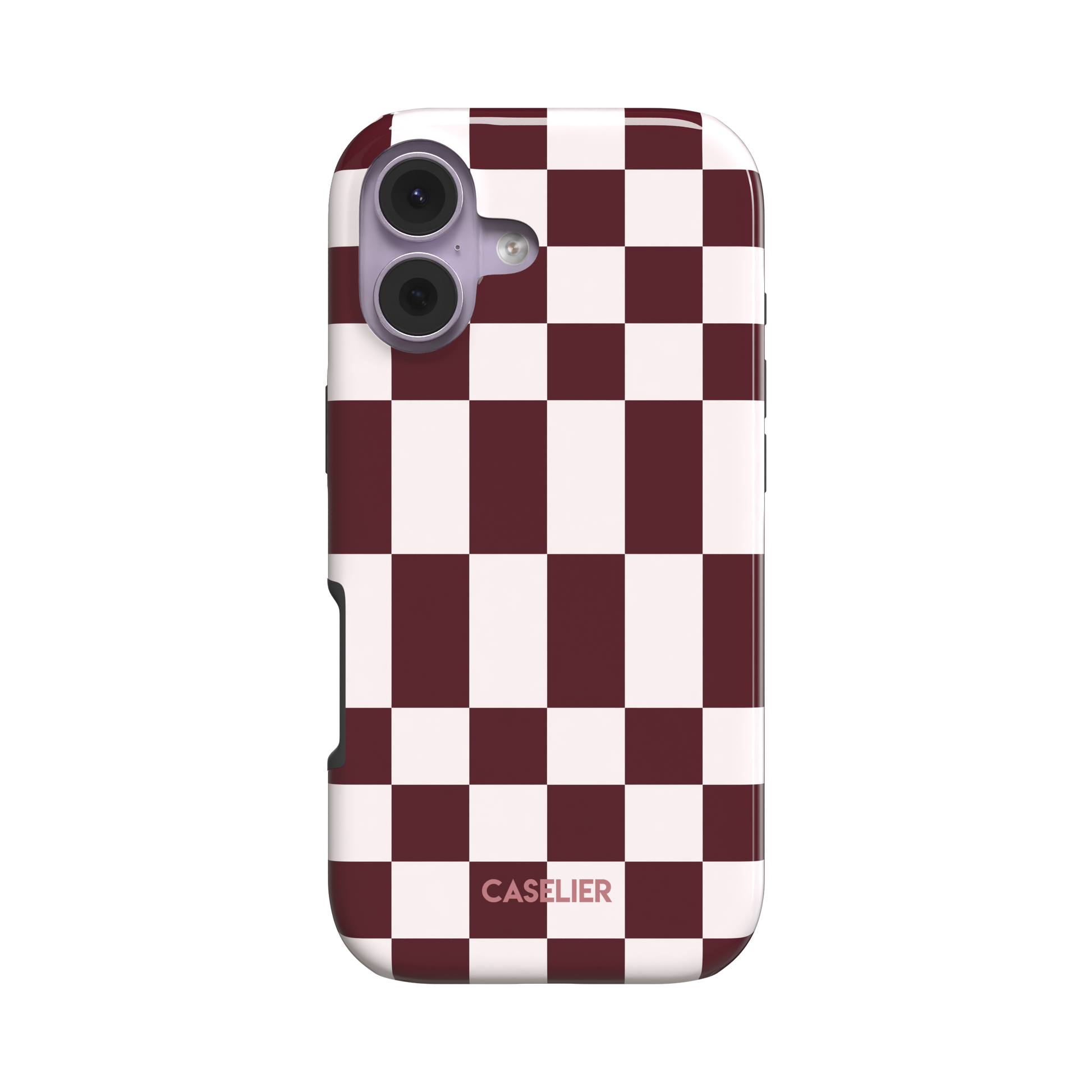 Elonged Checkers phone case in deep burgundy and pale blush pink checkerboard pattern, snap case showing side profile and button cutout detail, white background, phone case by Caselier - tough case, front view | Caselier