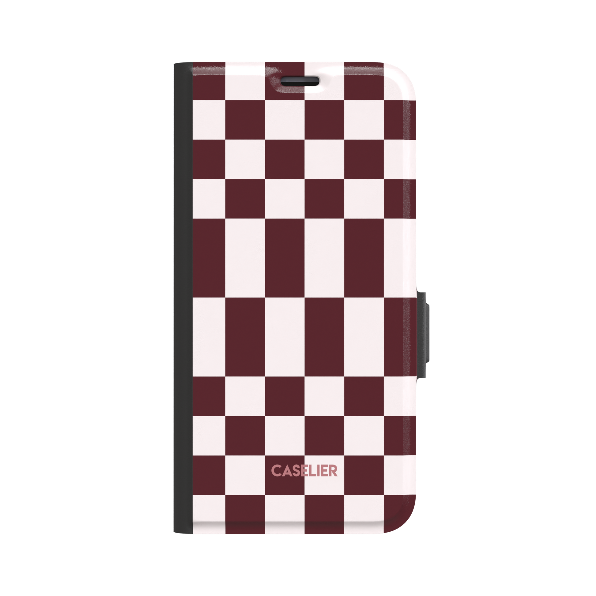Elonged Checkers folio wallet case in deep burgundy and pale blush pink checkerboard pattern, front cover closed with dark charcoal spine and magnetic clasp, white background, phone case by Caselier - wallet case, front view | Caselier