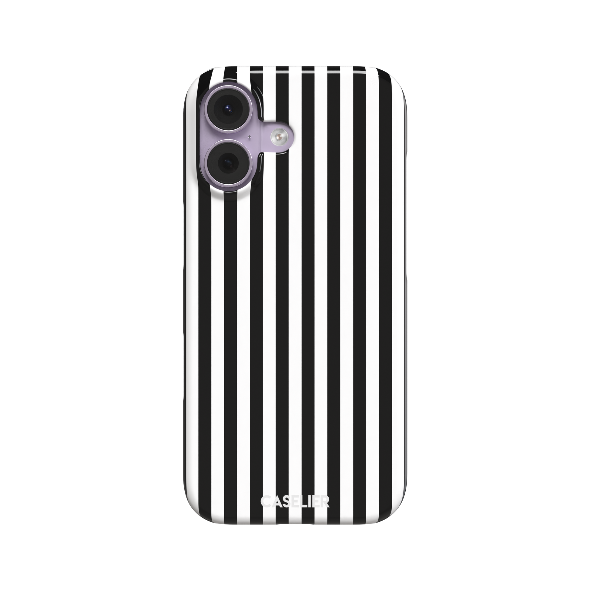 Fine Stripe phone case in black and white vertical stripes on iPhone, phone case by Caselier — snap case, front view