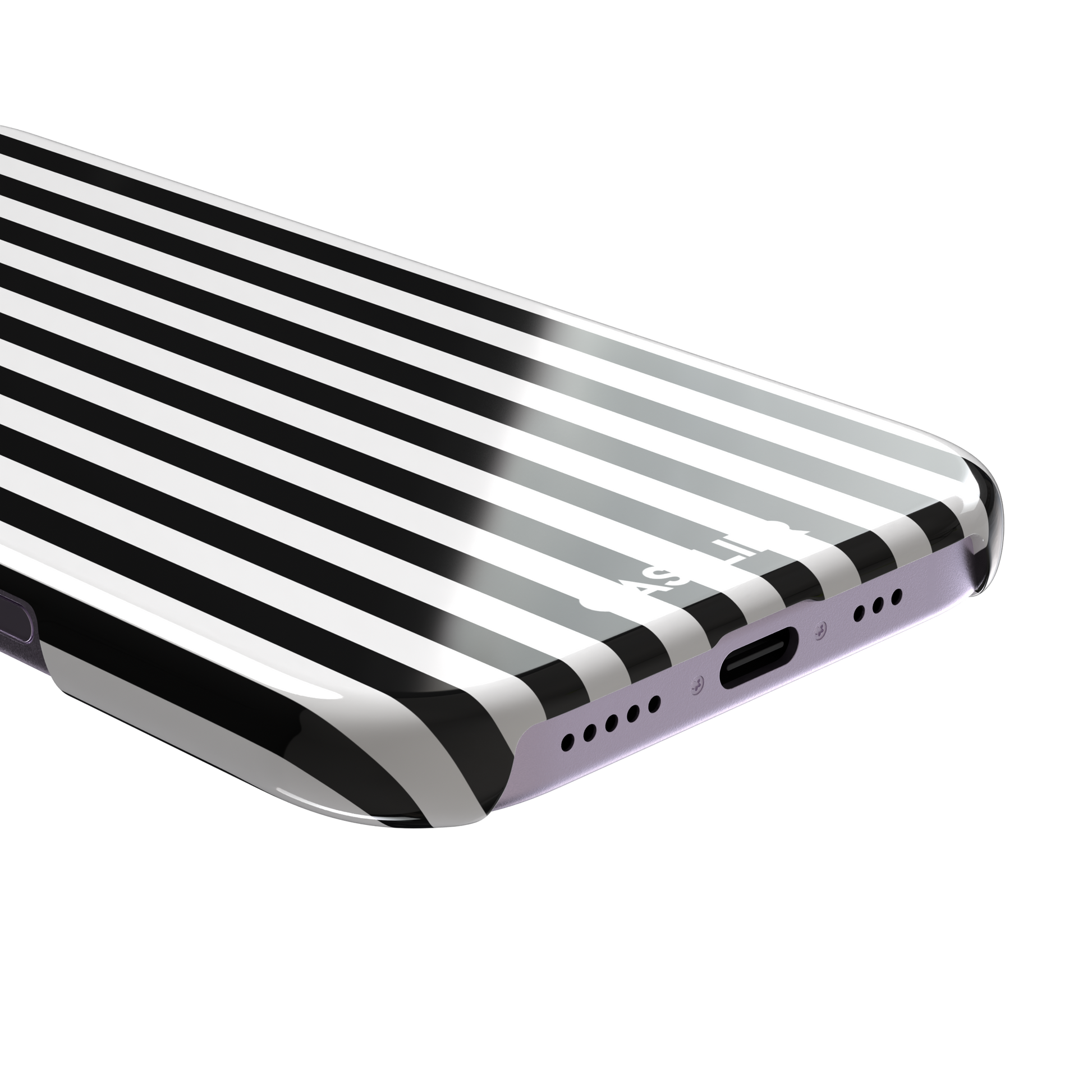 Fine Stripe phone case in black and white vertical stripes on iPhone, phone case by Caselier — snap case, charging port detail
