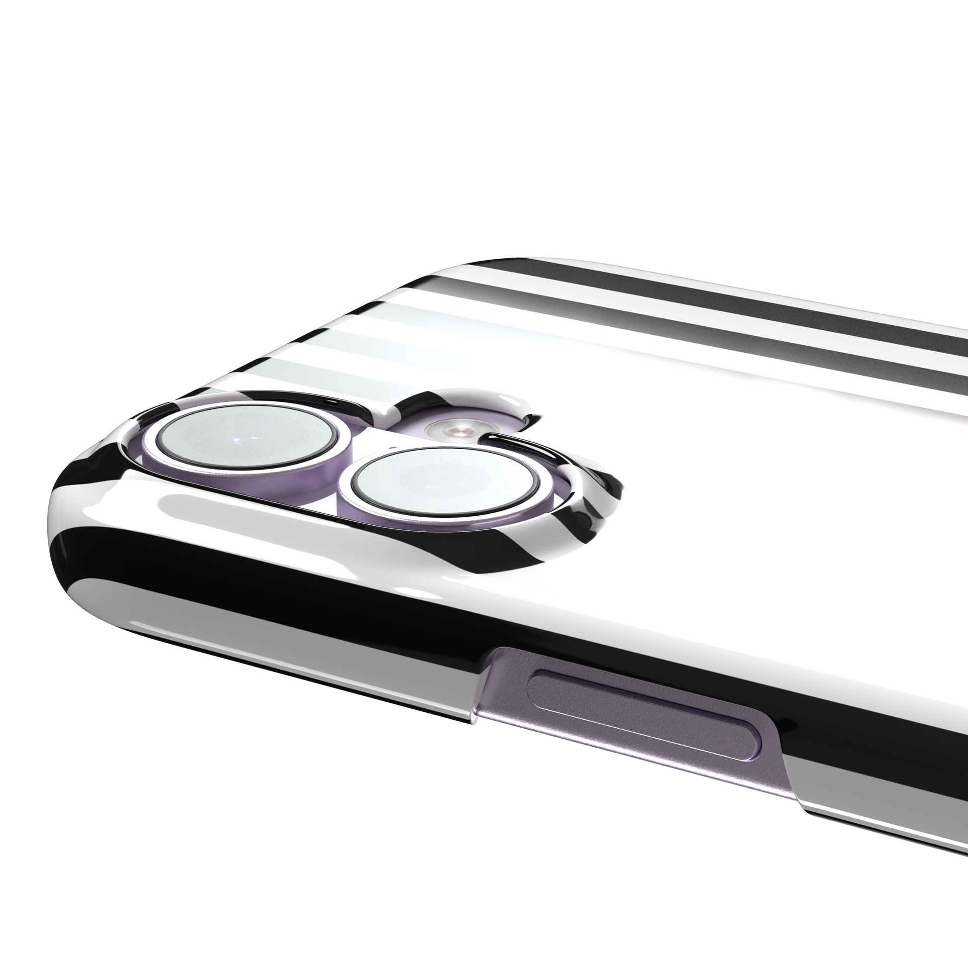 Fine Stripe phone case in black and white vertical stripes on iPhone, phone case by Caselier — snap case, volume buttons detail