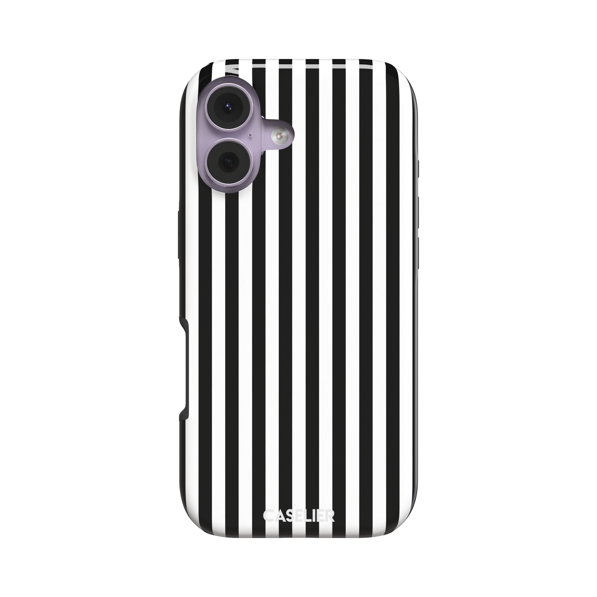 Fine Stripe phone case in black and white vertical stripes on iPhone, phone case by Caselier — tough case, front view