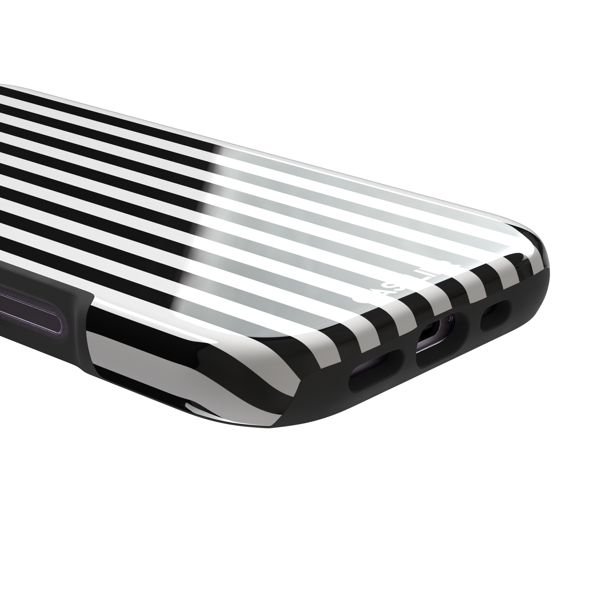 Fine Stripe phone case in black and white vertical stripes on iPhone, phone case by Caselier — tough case, charging port detail