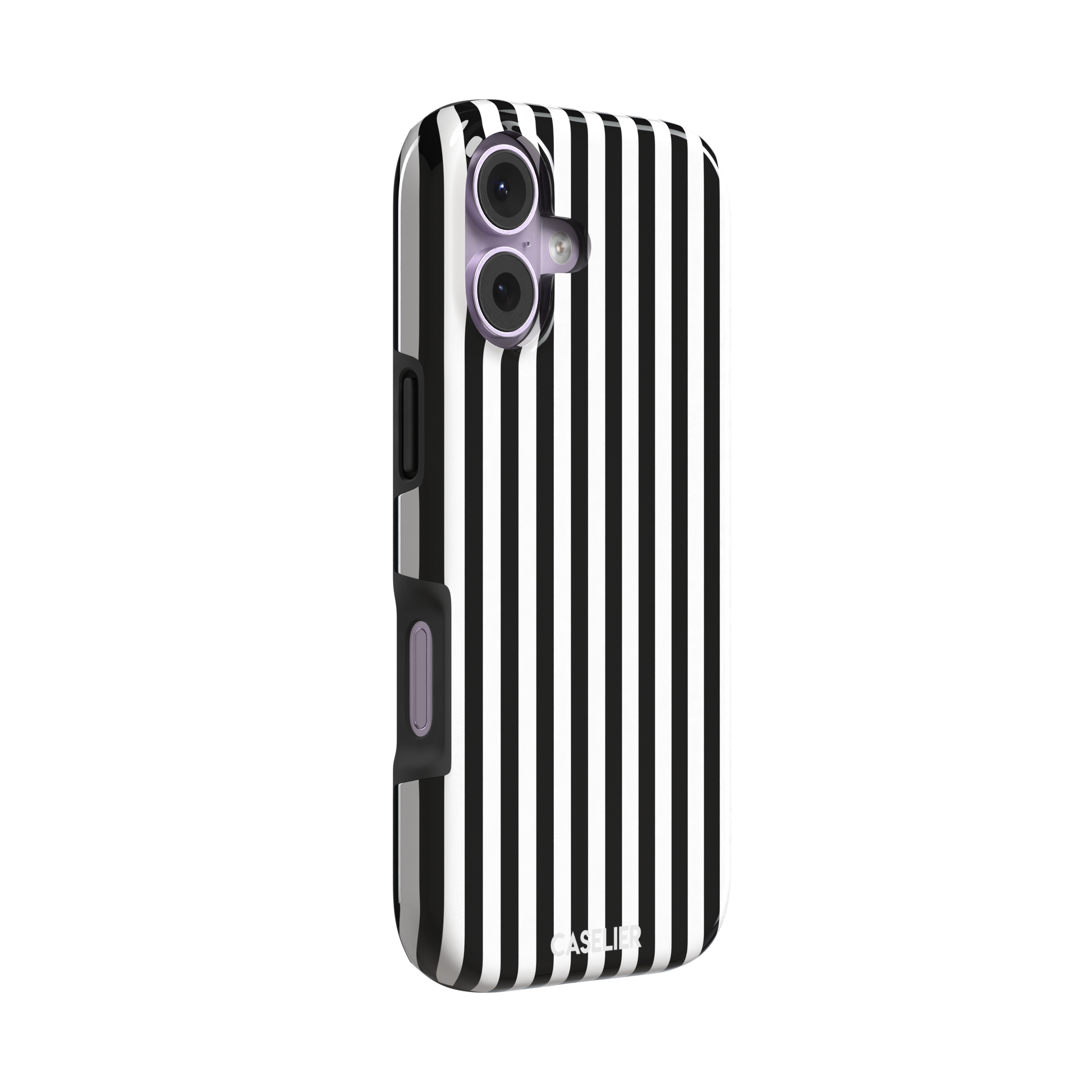 Fine Stripe phone case in black and white vertical stripes on iPhone, phone case by Caselier — tough case, left view