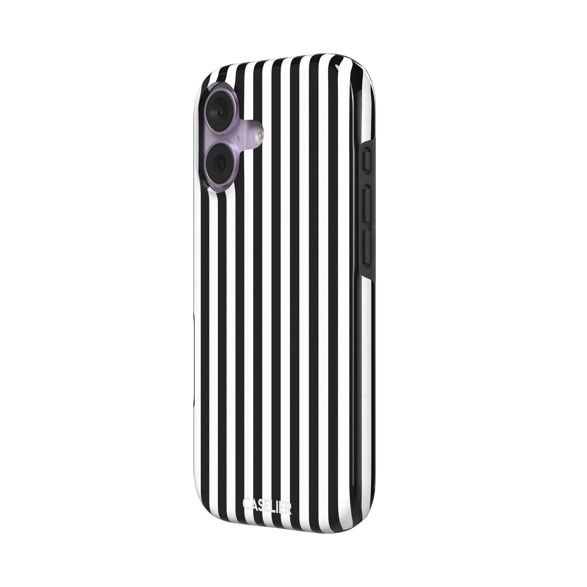 Fine Stripe phone case in black and white vertical stripes on iPhone, phone case by Caselier — tough case, right view