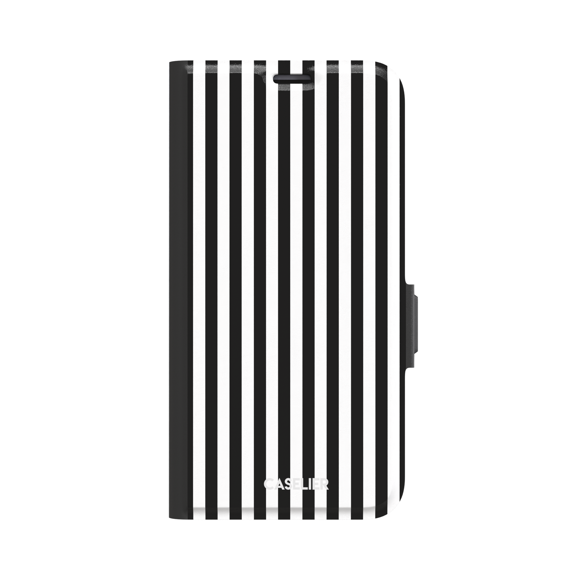 Fine Stripe phone case in black and white vertical stripes on iPhone, phone case by Caselier — wallet case, front view