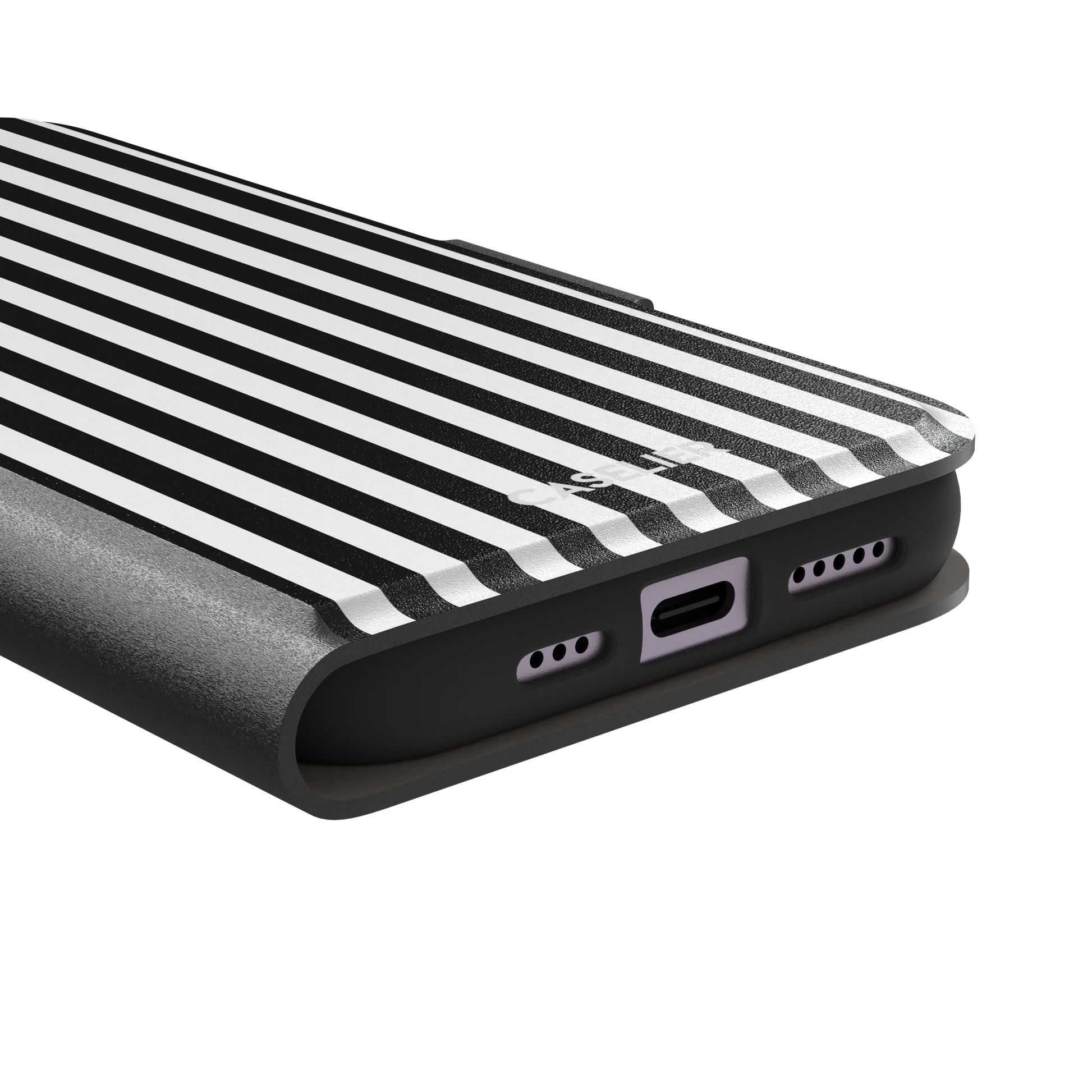 Fine Stripe phone case in black and white vertical stripes on iPhone, phone case by Caselier — wallet case, charging port detail