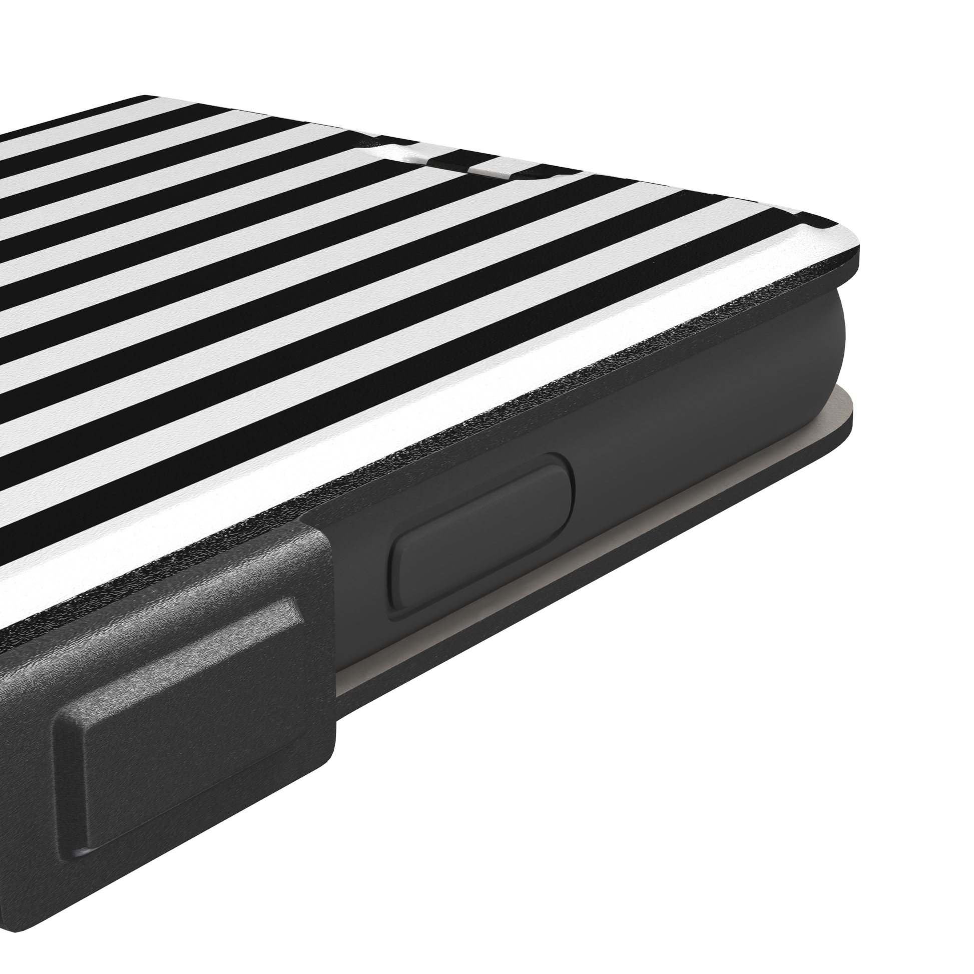 Fine Stripe phone case in black and white vertical stripes on iPhone, phone case by Caselier — wallet case, volume buttons detail