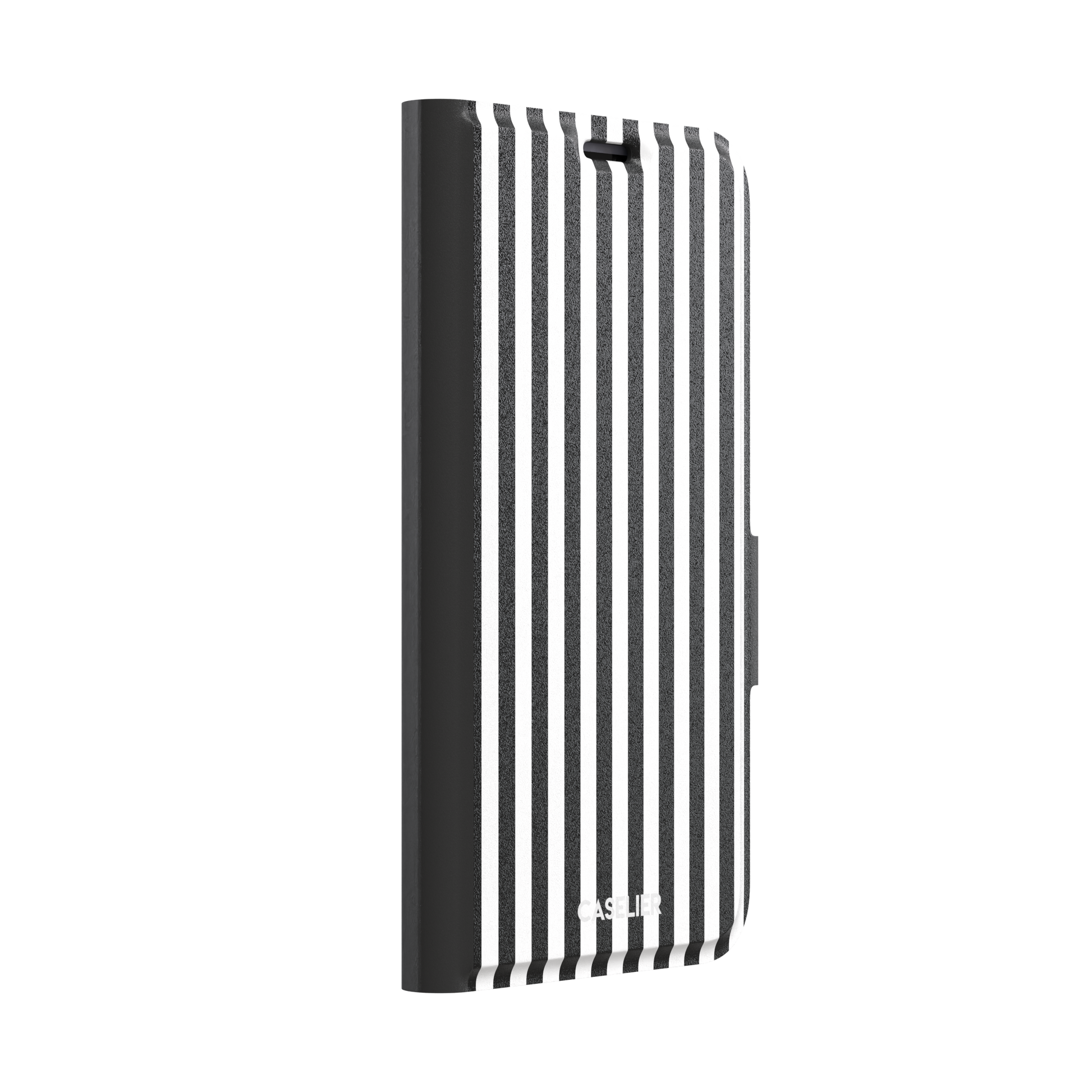 Fine Stripe phone case in black and white vertical stripes on iPhone, phone case by Caselier — wallet case, left view