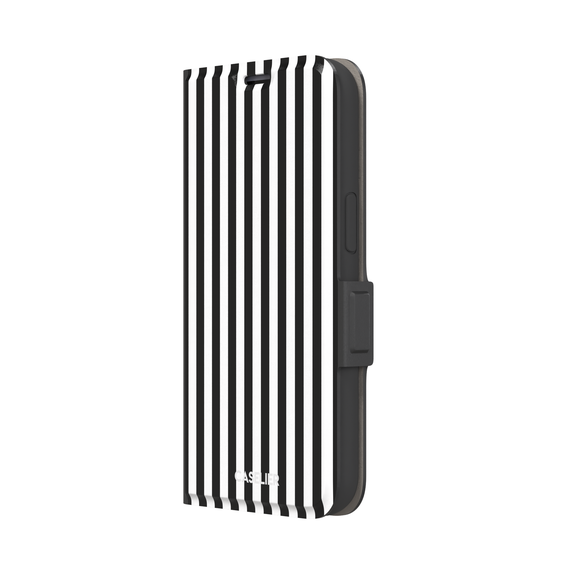 Fine Stripe phone case in black and white vertical stripes on iPhone, phone case by Caselier — wallet case, right view