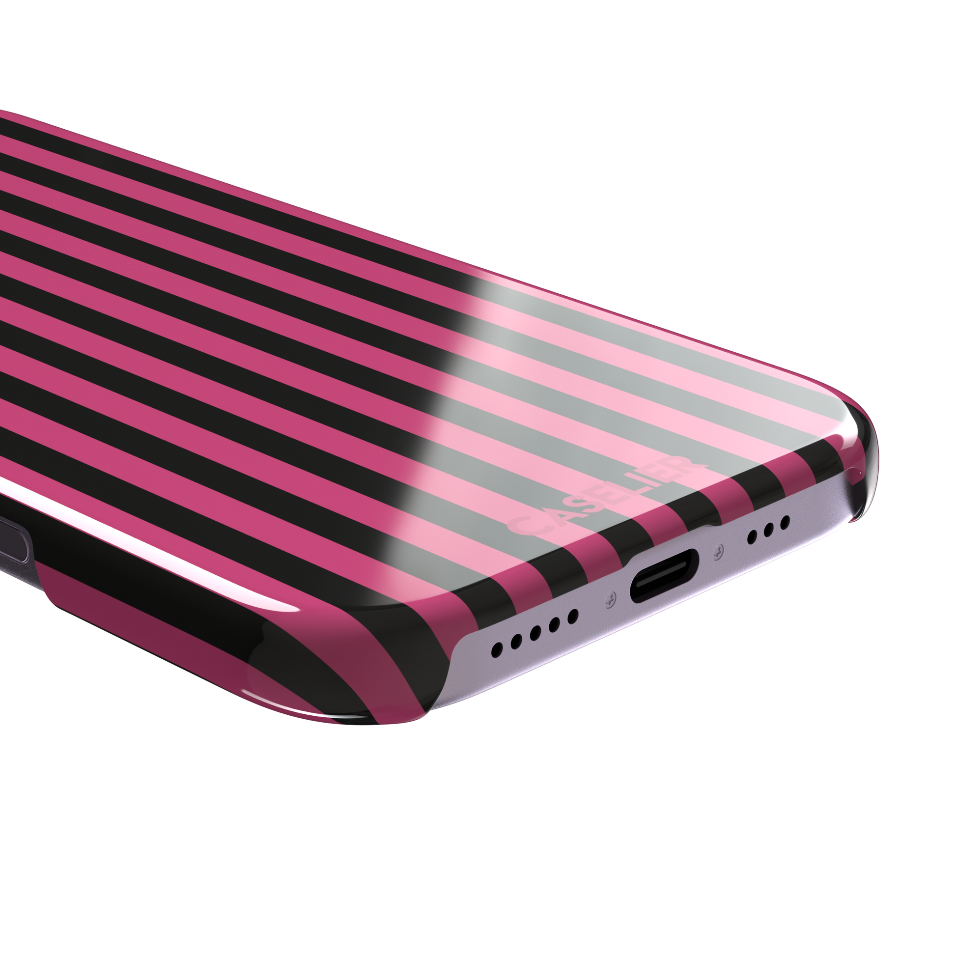 Fine Stripe phone case in hot pink and black vertical stripes on iPhone, phone case by Caselier — snap case, charging port detail