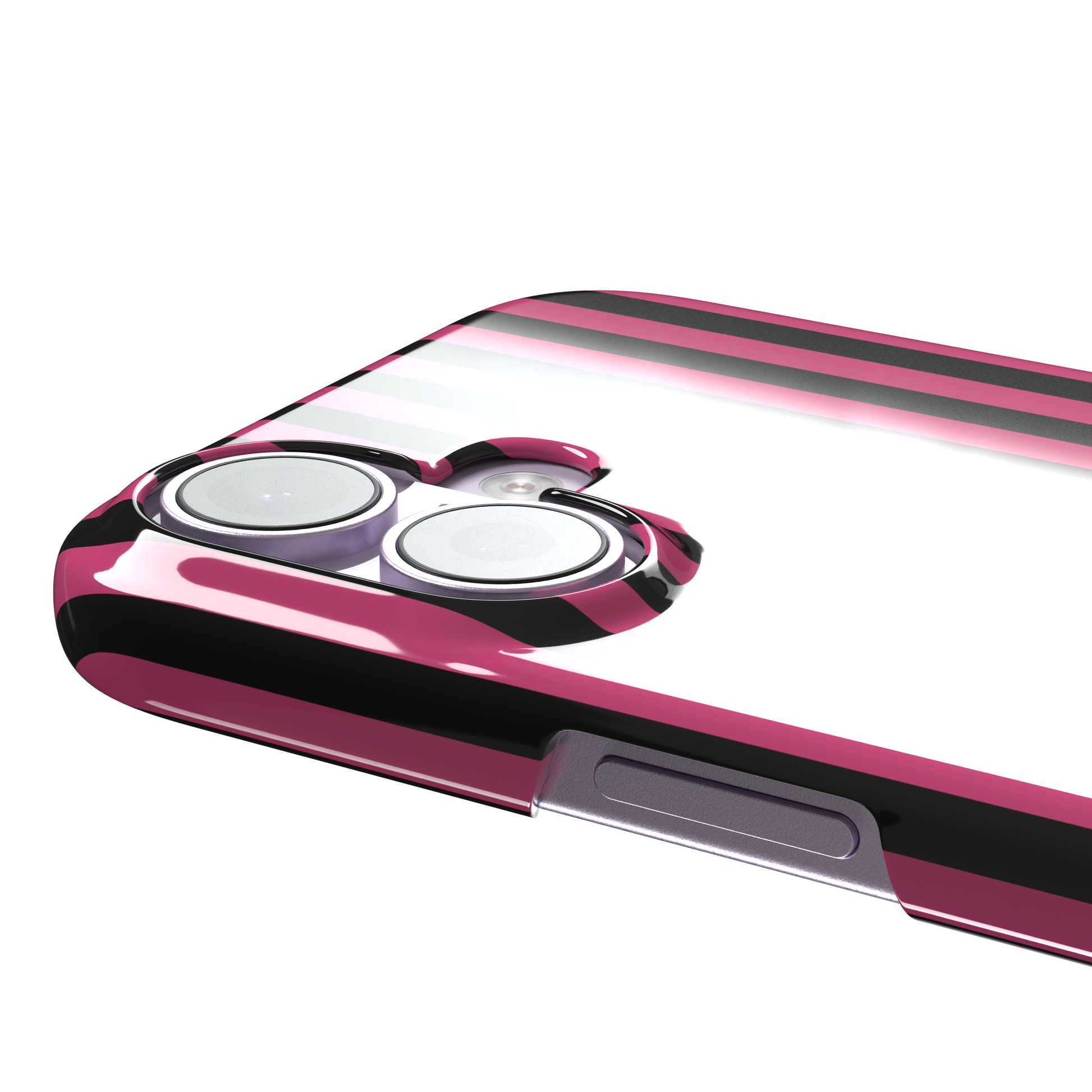 Fine Stripe phone case in hot pink and black vertical stripes on iPhone, phone case by Caselier — snap case, volume buttons detail