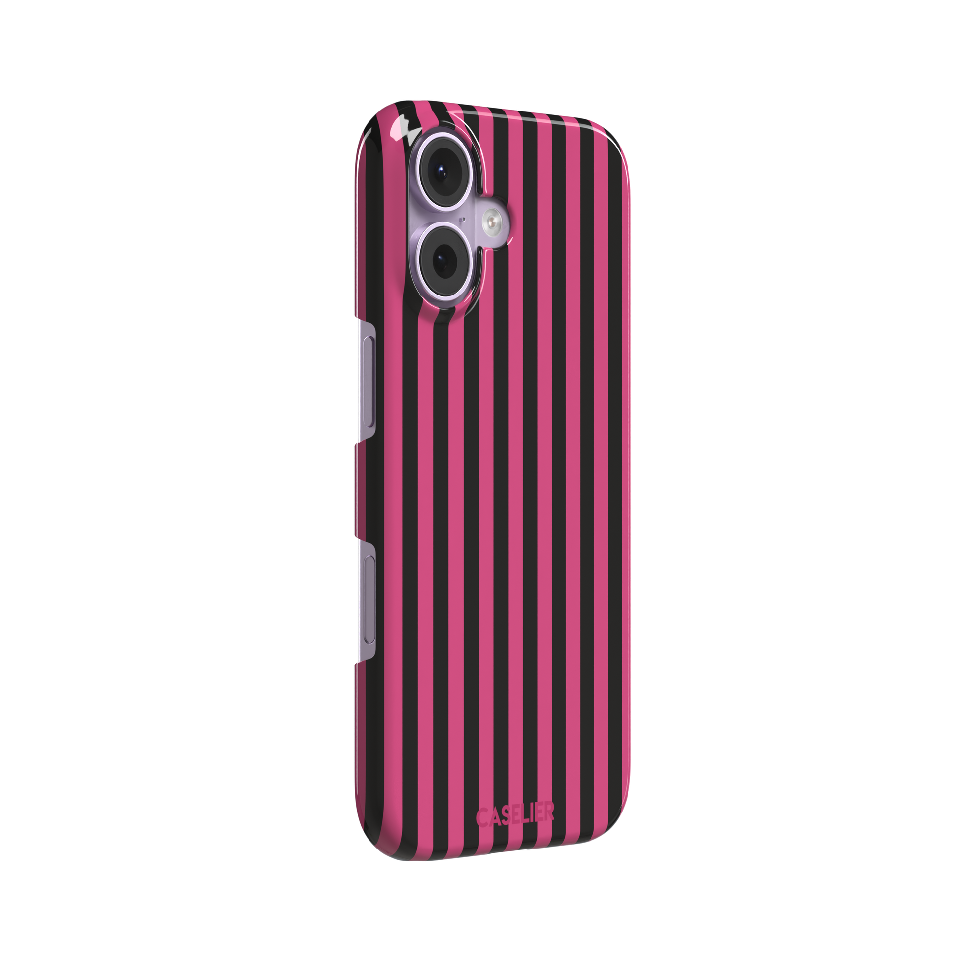 Fine Stripe phone case in hot pink and black vertical stripes on iPhone, phone case by Caselier — snap case, left view