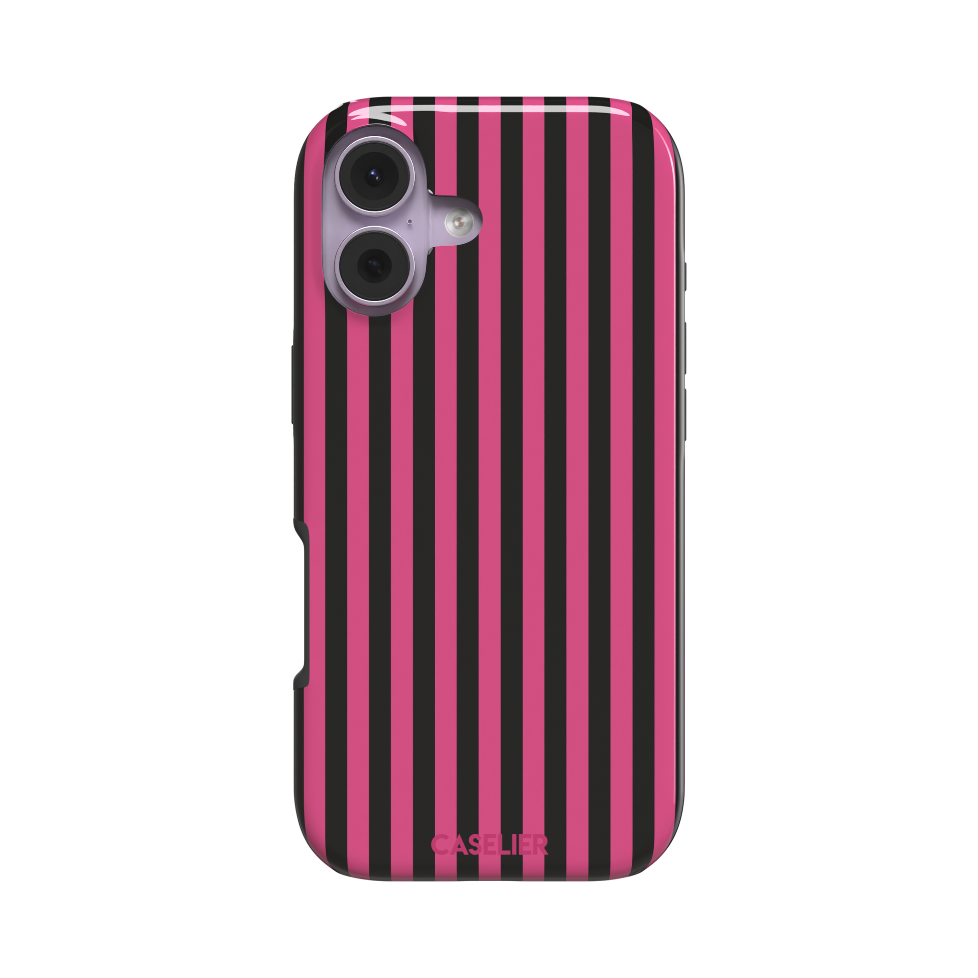 Fine Stripe phone case in hot pink and black vertical stripes on iPhone, phone case by Caselier — tough case, front view
