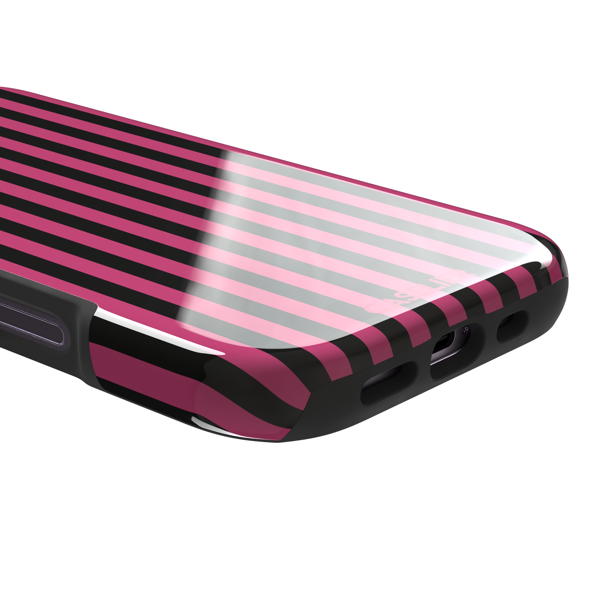 Fine Stripe phone case in hot pink and black vertical stripes on iPhone, phone case by Caselier — tough case, charging port detail