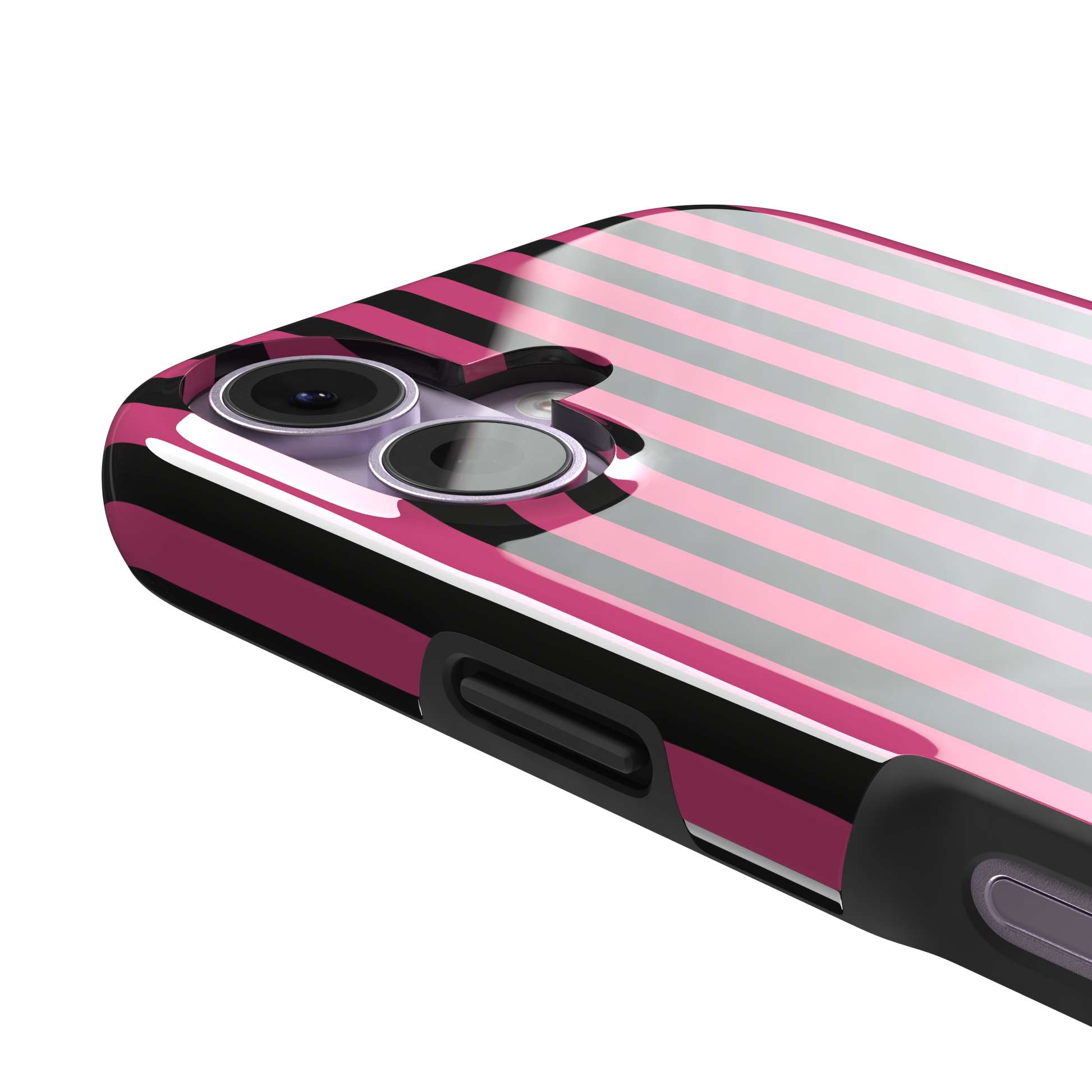 Fine Stripe phone case in hot pink and black vertical stripes on iPhone, phone case by Caselier — tough case, volume buttons detail